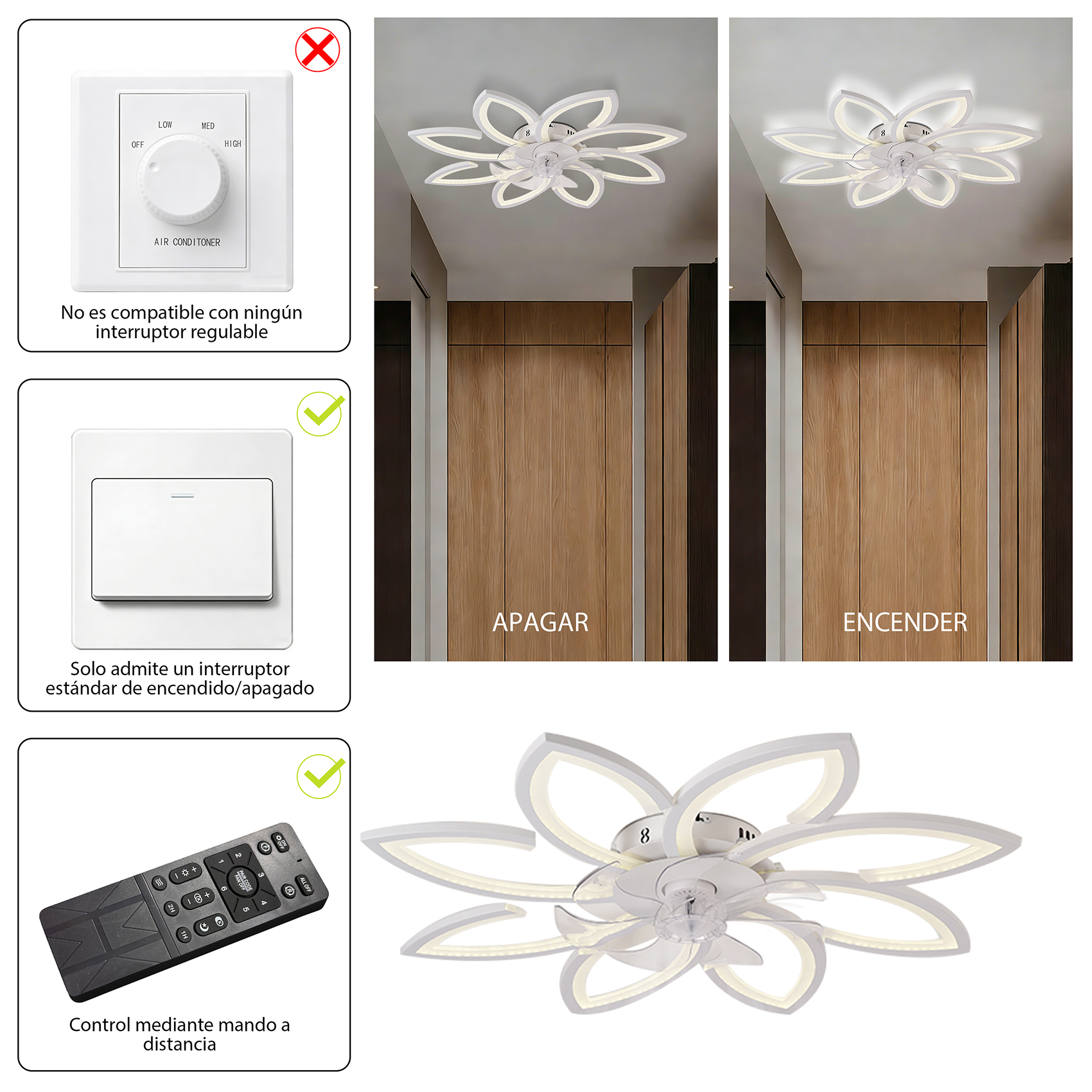 Ventilador de techo con luces, forma de pétalo, control remoto y opciones de interruptor.