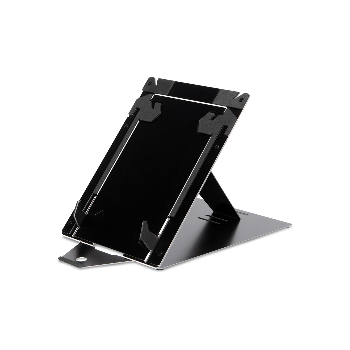 Ein schwarzer, verstellbarer Tablet-Ständer auf weißem Hintergrund.