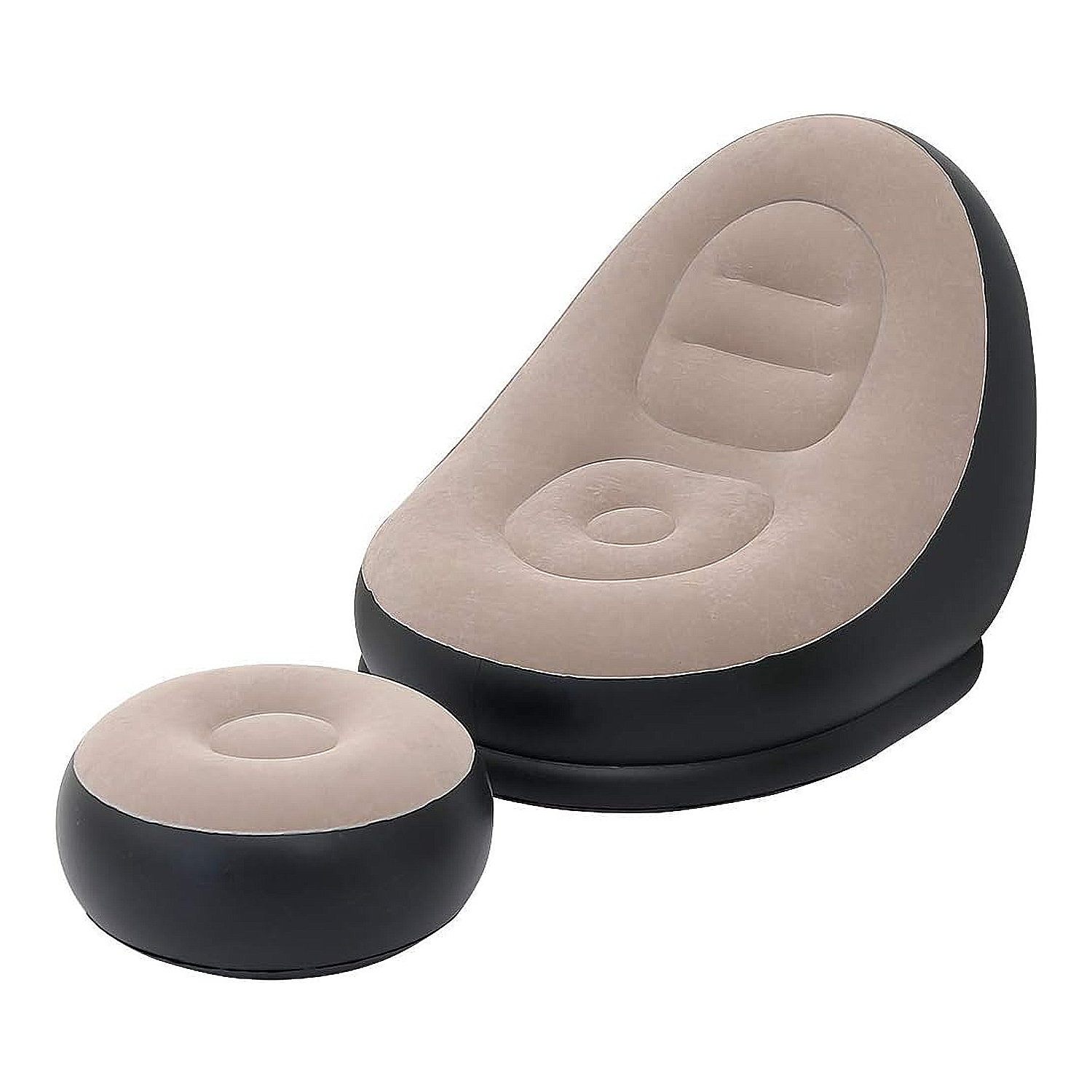 Poltrona gonfiabile con pouf beige e nero.