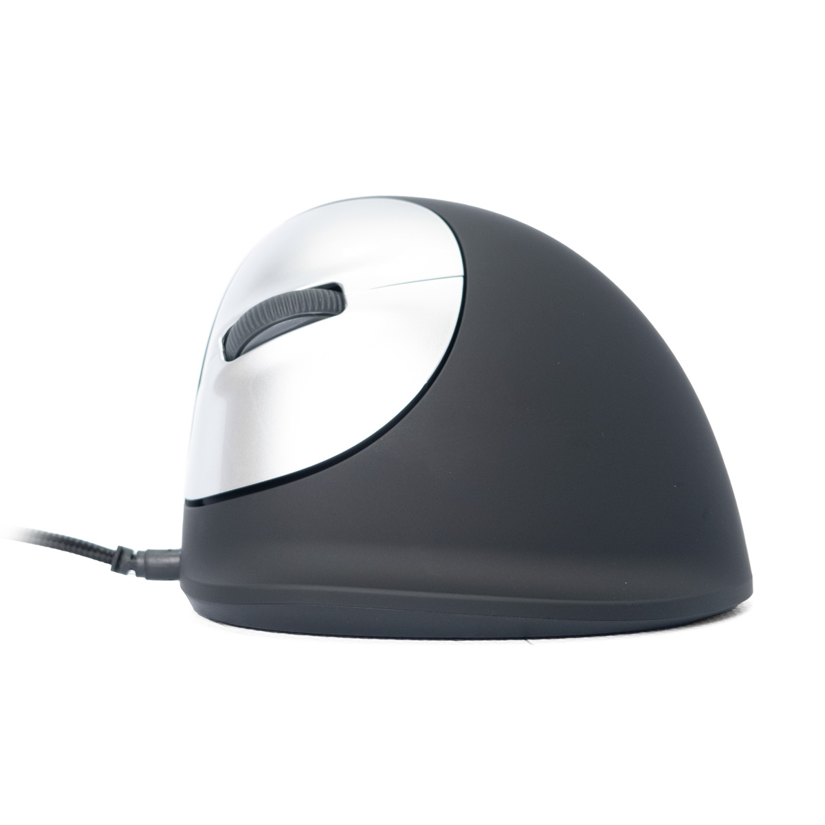 Ergonomische schwarze Maus mit silberner Oberseite und Scrollrad.