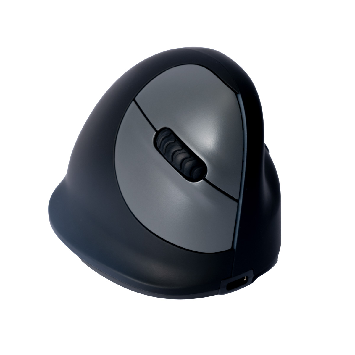 Ergonomische vertikale Maus in Schwarz und Grau mit Scrollrad.
