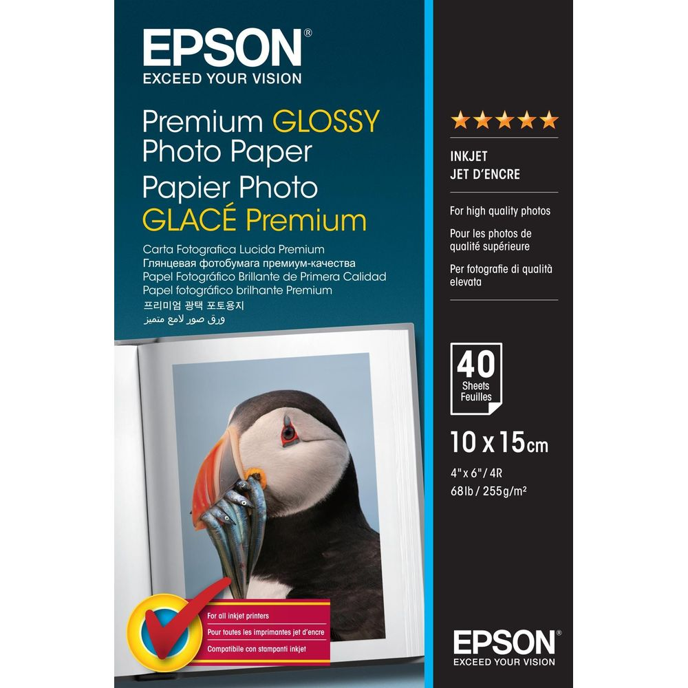 Epson Premium Glossy Fotopapier, 40 Blatt, 10x15cm, mit Papageitaucher-Motiv.