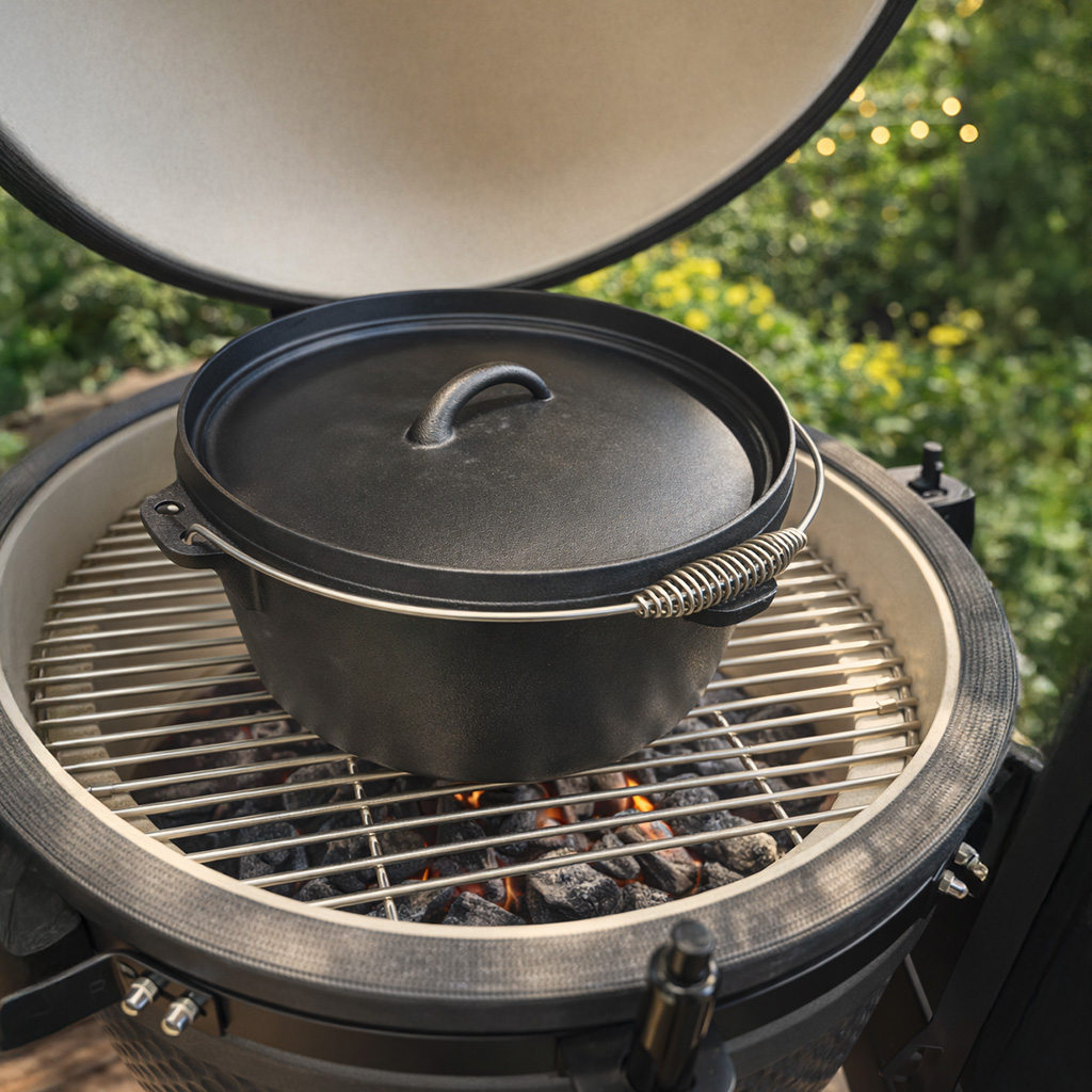 Black cast iron pot on a grill with glowing coals underneath.