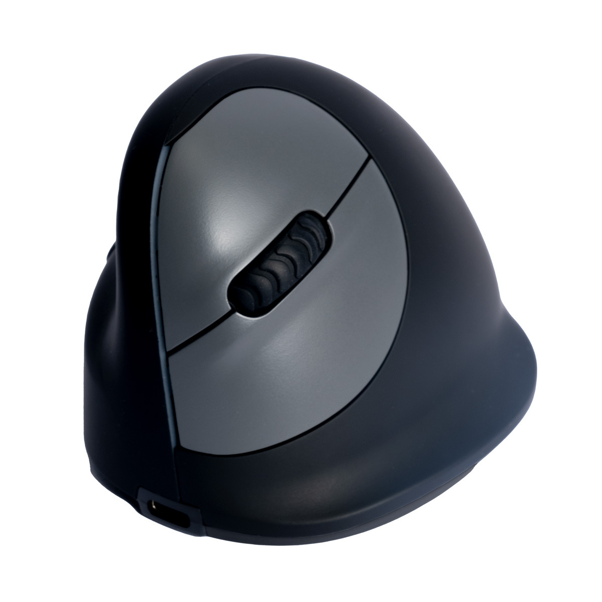 Ergonomische vertikale Maus, schwarz und grau, mit Scrollrad.