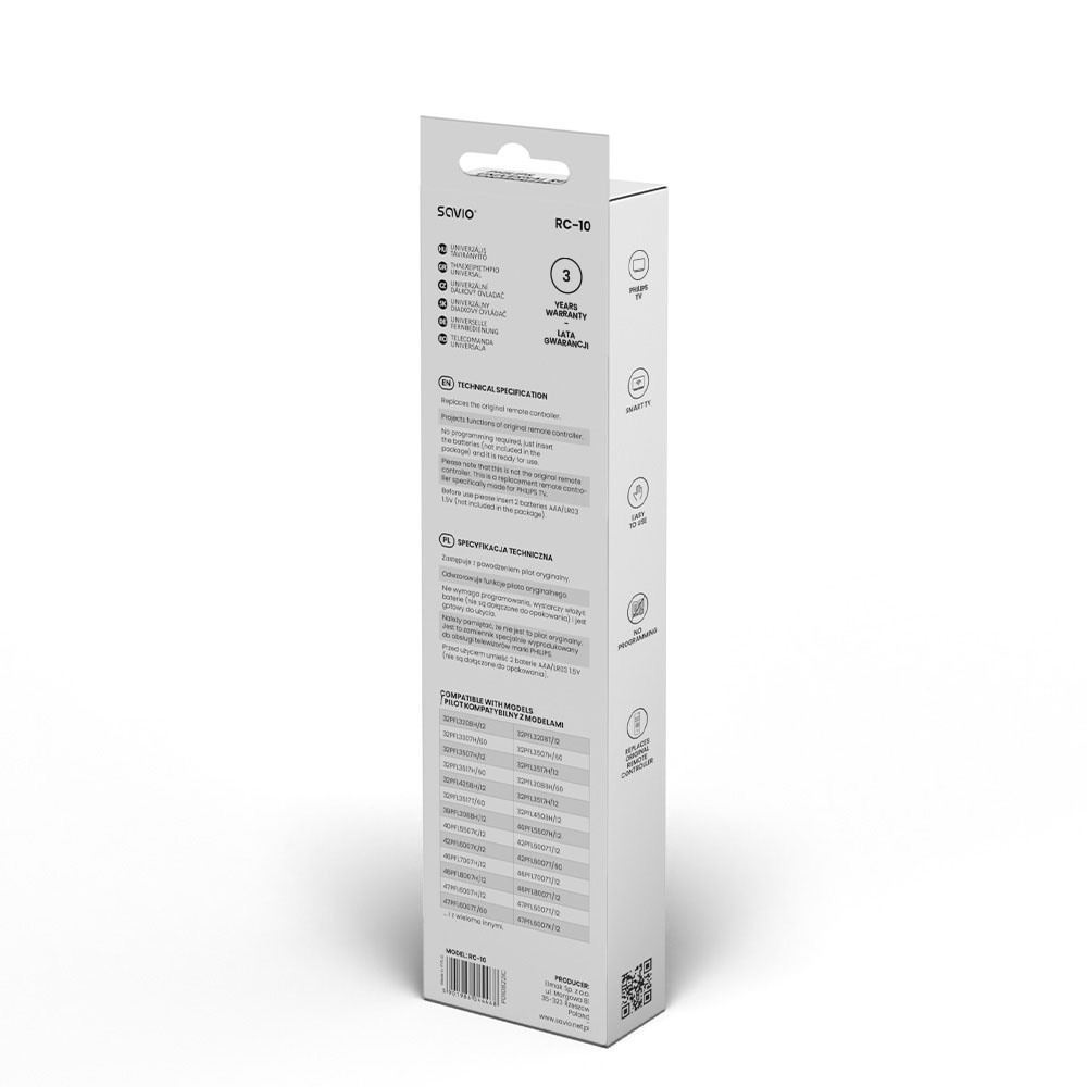 Białe opakowanie pilota, z danymi technicznymi i numerami modeli.