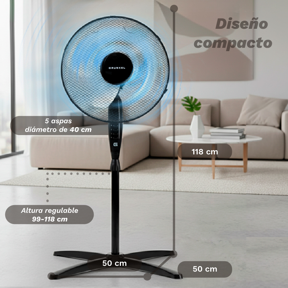Un ventilador de pie negro con 5 aspas, 40cm de diámetro, altura 99-118cm.