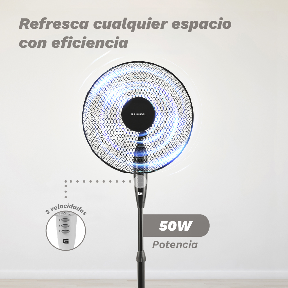 Un ventilador de pie negro con luces azules, 3 velocidades y 50W de potencia.