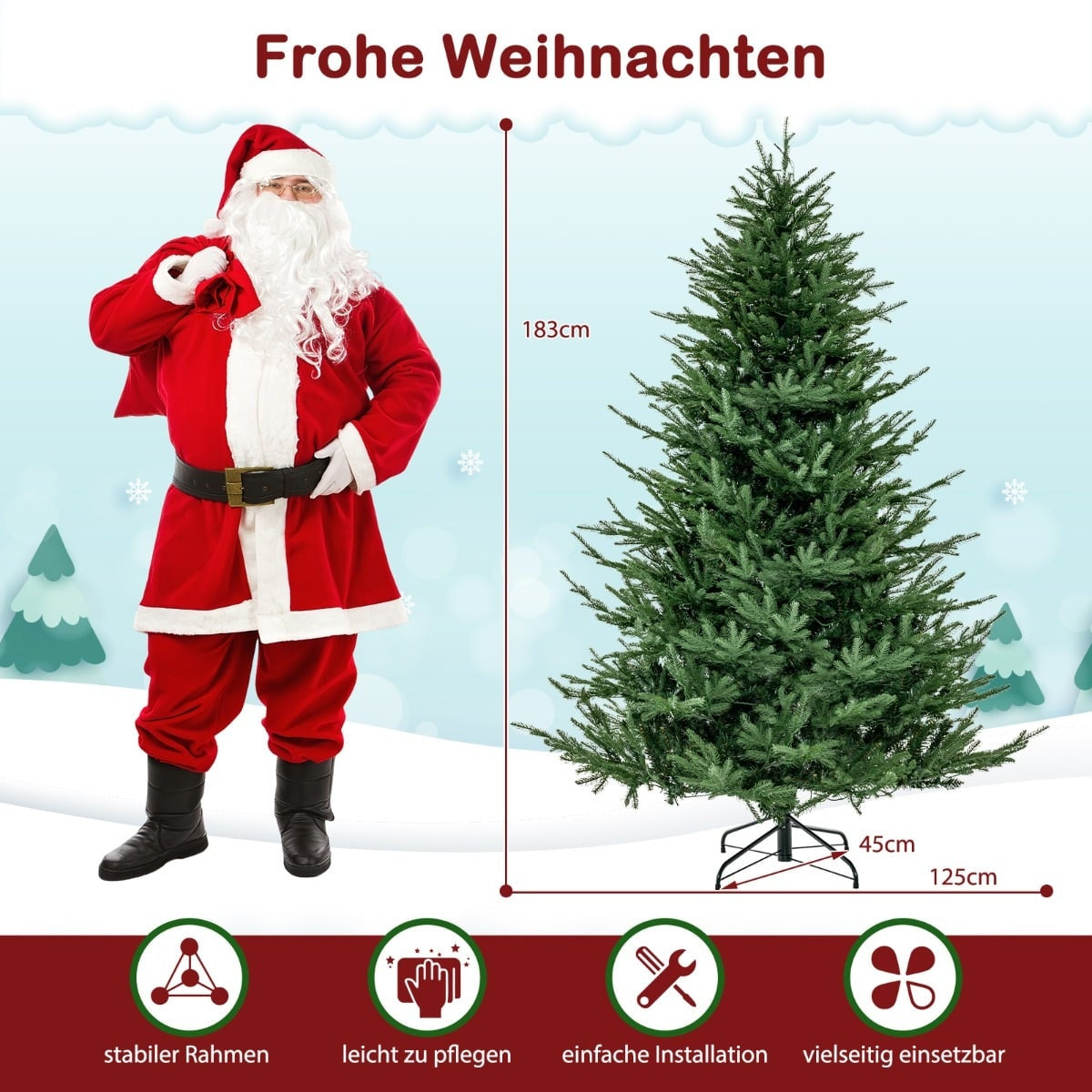 Kerstman naast een 183cm kerstboom met afmetingen.