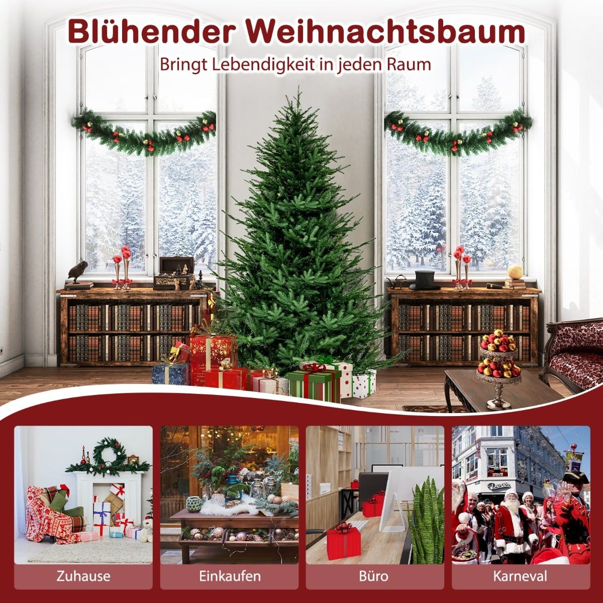 Een kerstboom met cadeaus voor een raam, met vier scènes eronder.