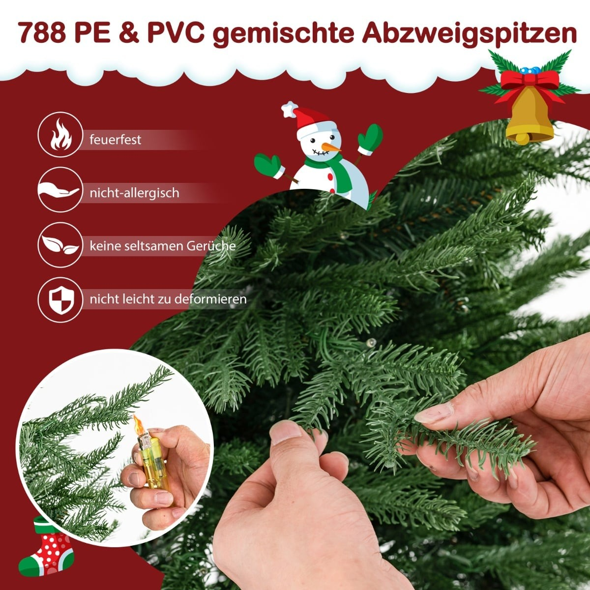Kunstmatige kerstboom met close-ups van naalden, aansteker en handen.