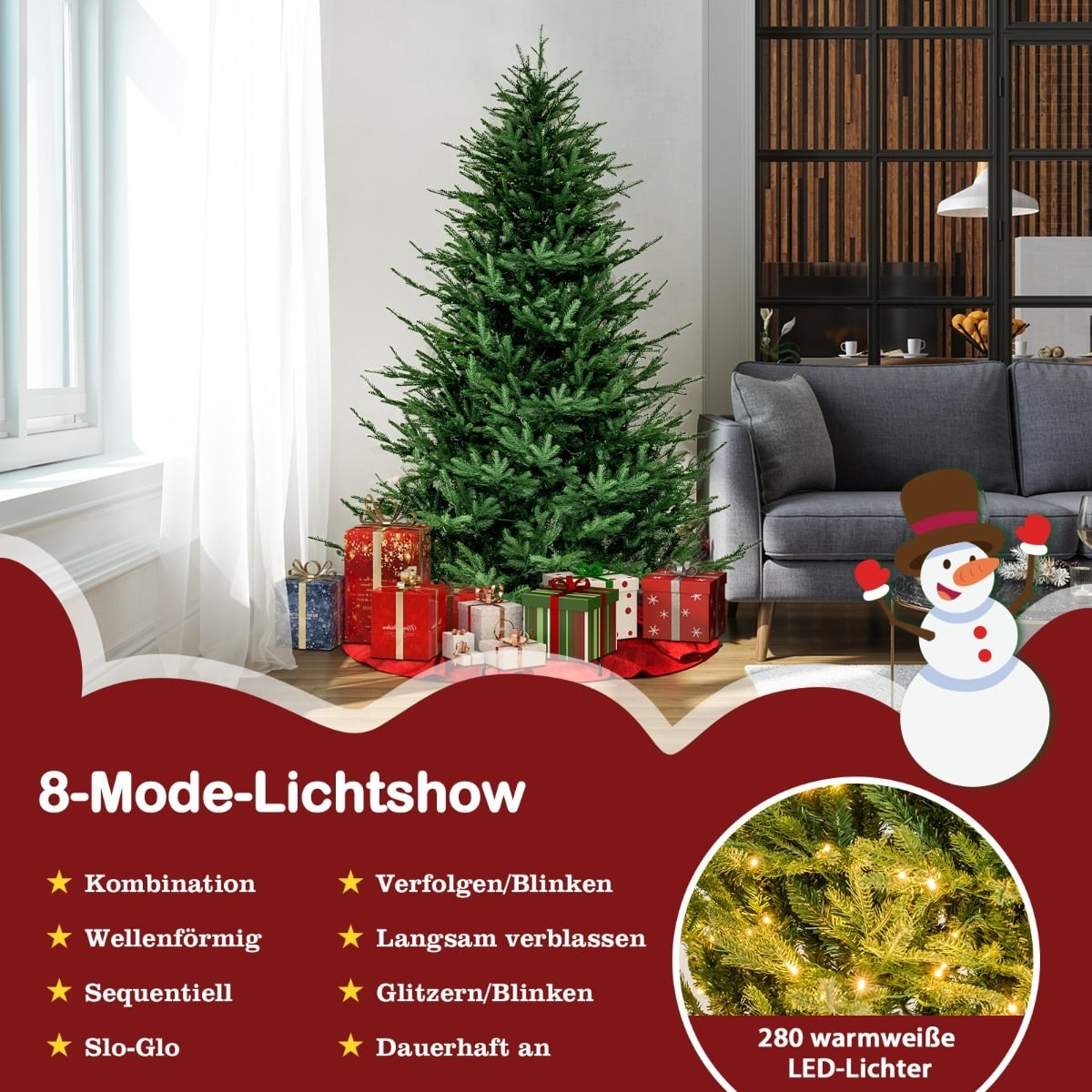 Een kerstboom met cadeaus en een sneeuwpop. 8 lichtmodi worden vermeld.