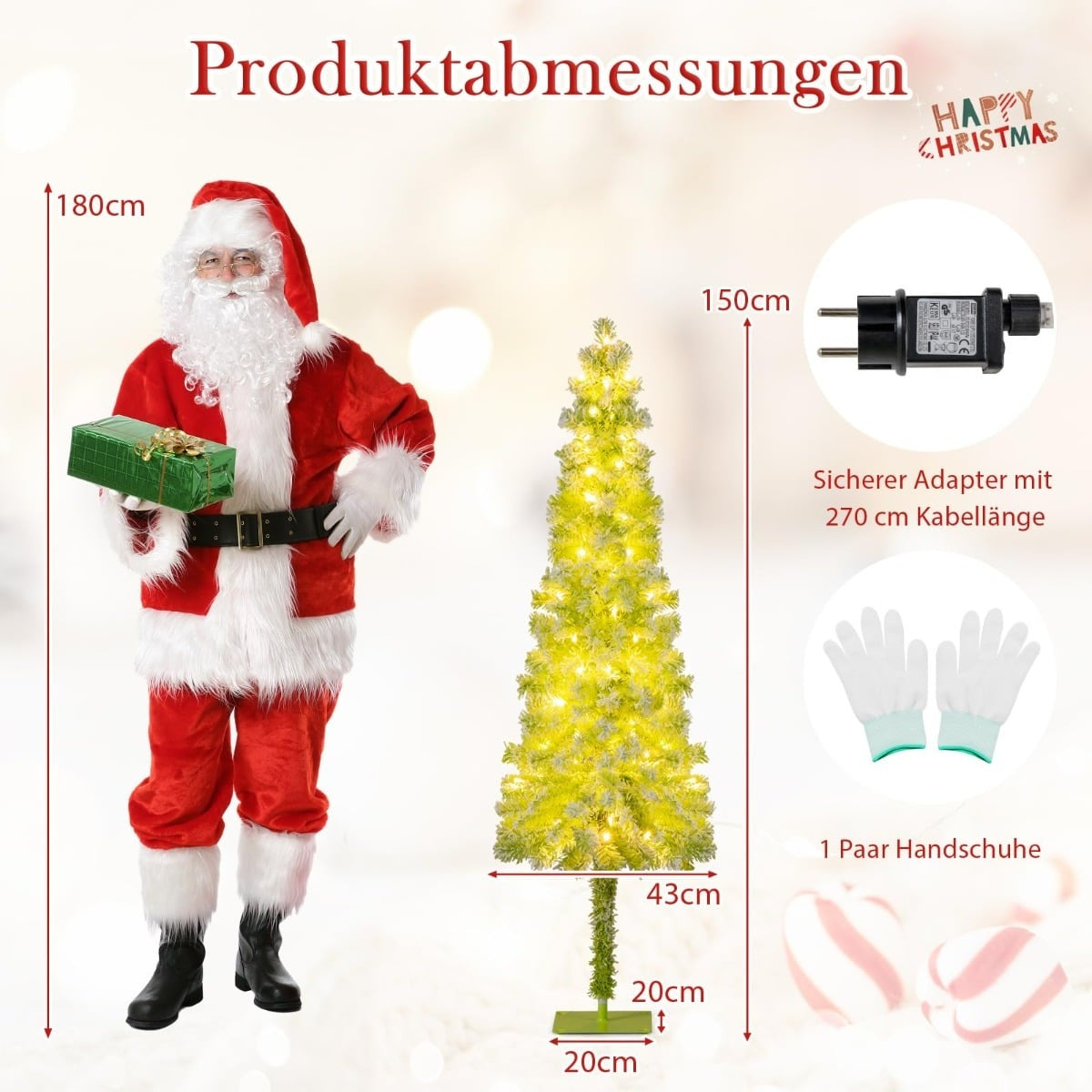 Een man in Kerstmanpak houdt een cadeau naast een verlichte kerstboom.