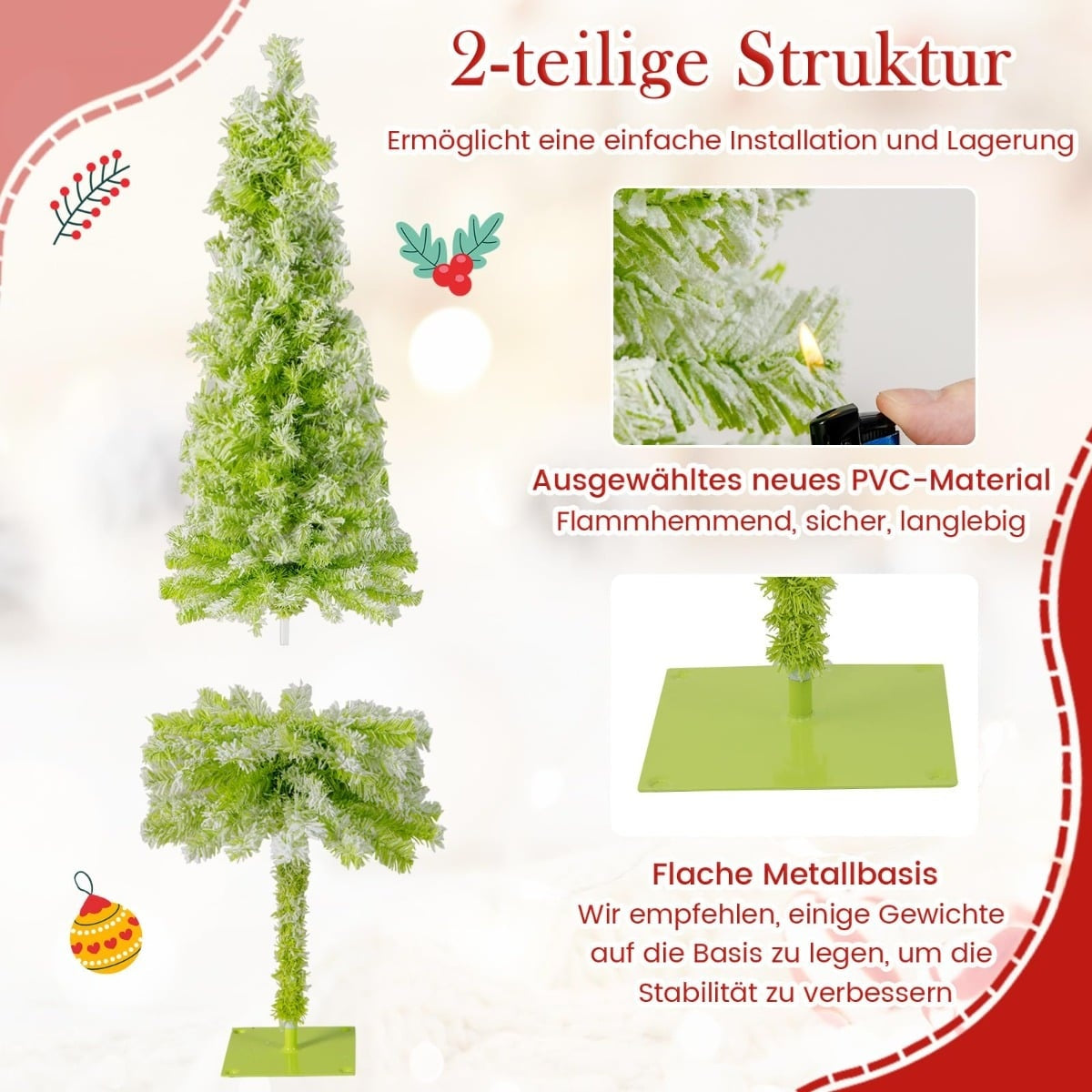 Tweeledige kunstboom van PVC met metalen voet en vlamvertrager.