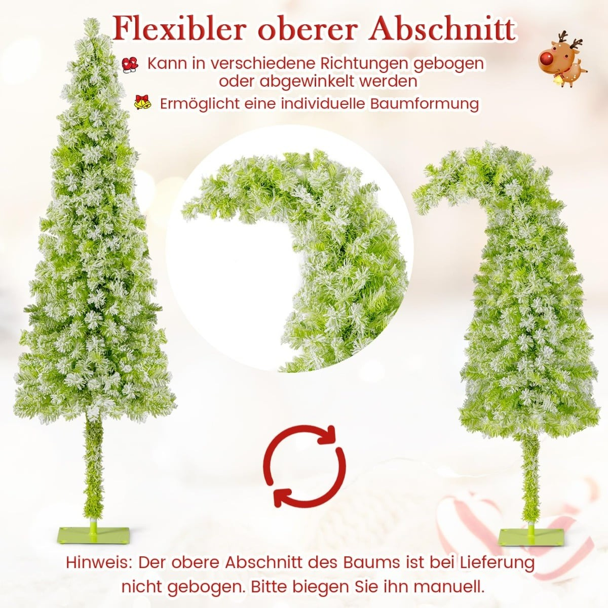 Een groene kerstboom met een flexibel bovendeel dat gebogen kan worden.