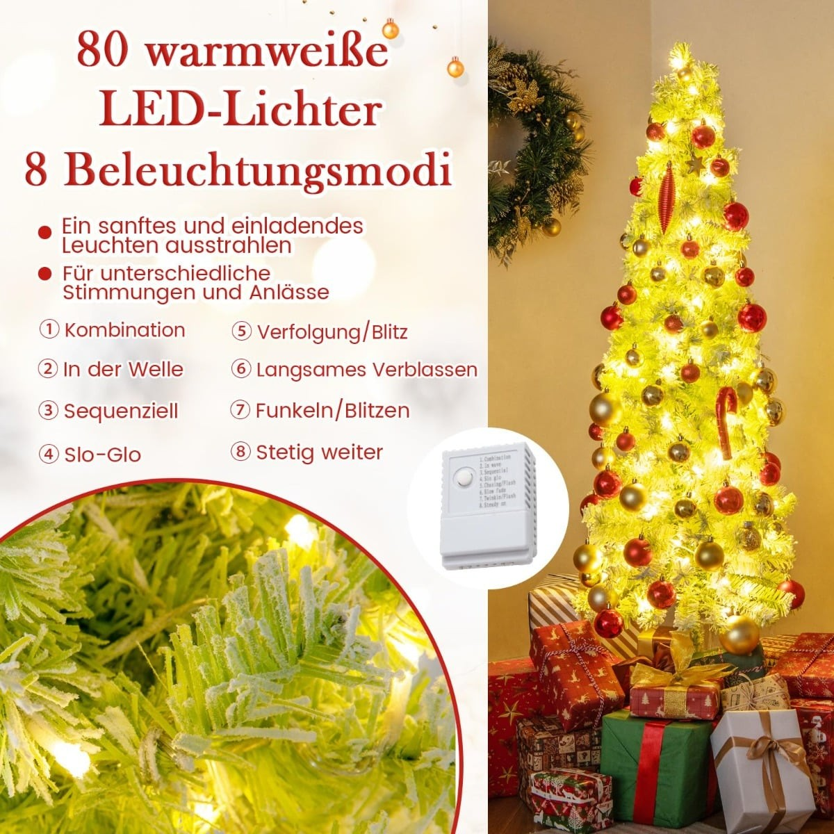Kerstboom met 80 warmwitte LED-lampjes, 8 modi en cadeaus.