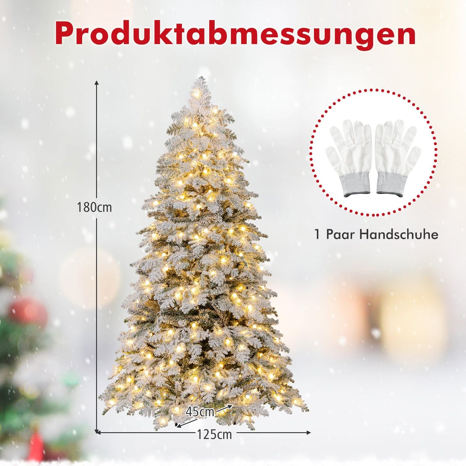 Een verlichte kerstboom met sneeuw, 180cm H, 125cm B. Inclusief een paar handschoenen.