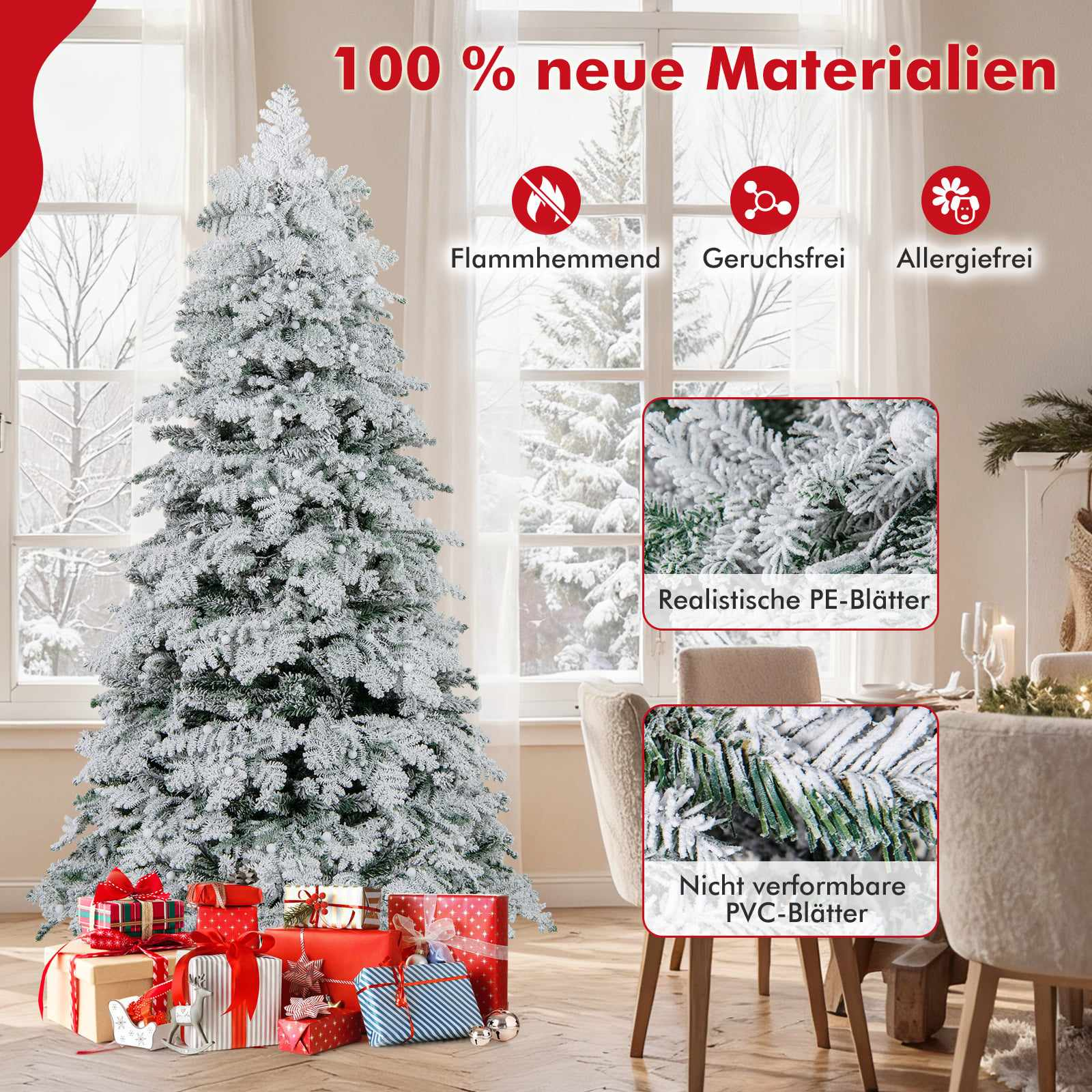 Een met sneeuw bedekte kerstboom met cadeaus en tekst over materialen.