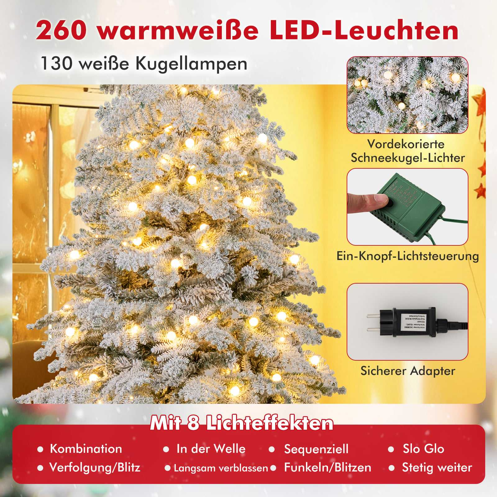 Een besneeuwde kerstboom met 260 warmwitte LED-kerstverlichting en 8 effecten.