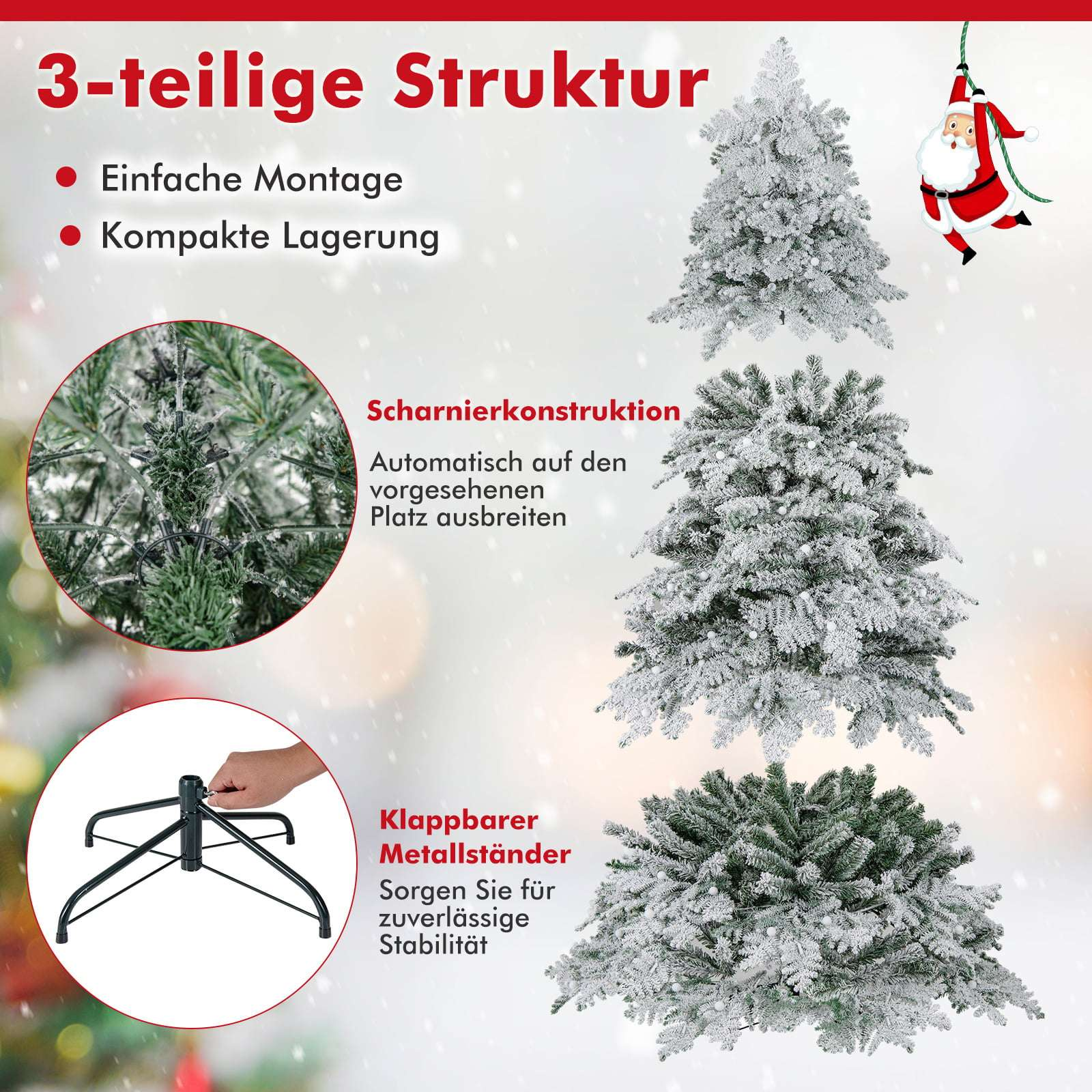 Drie-delige kerstboom met realistische sneeuwbedekking en standaard.
