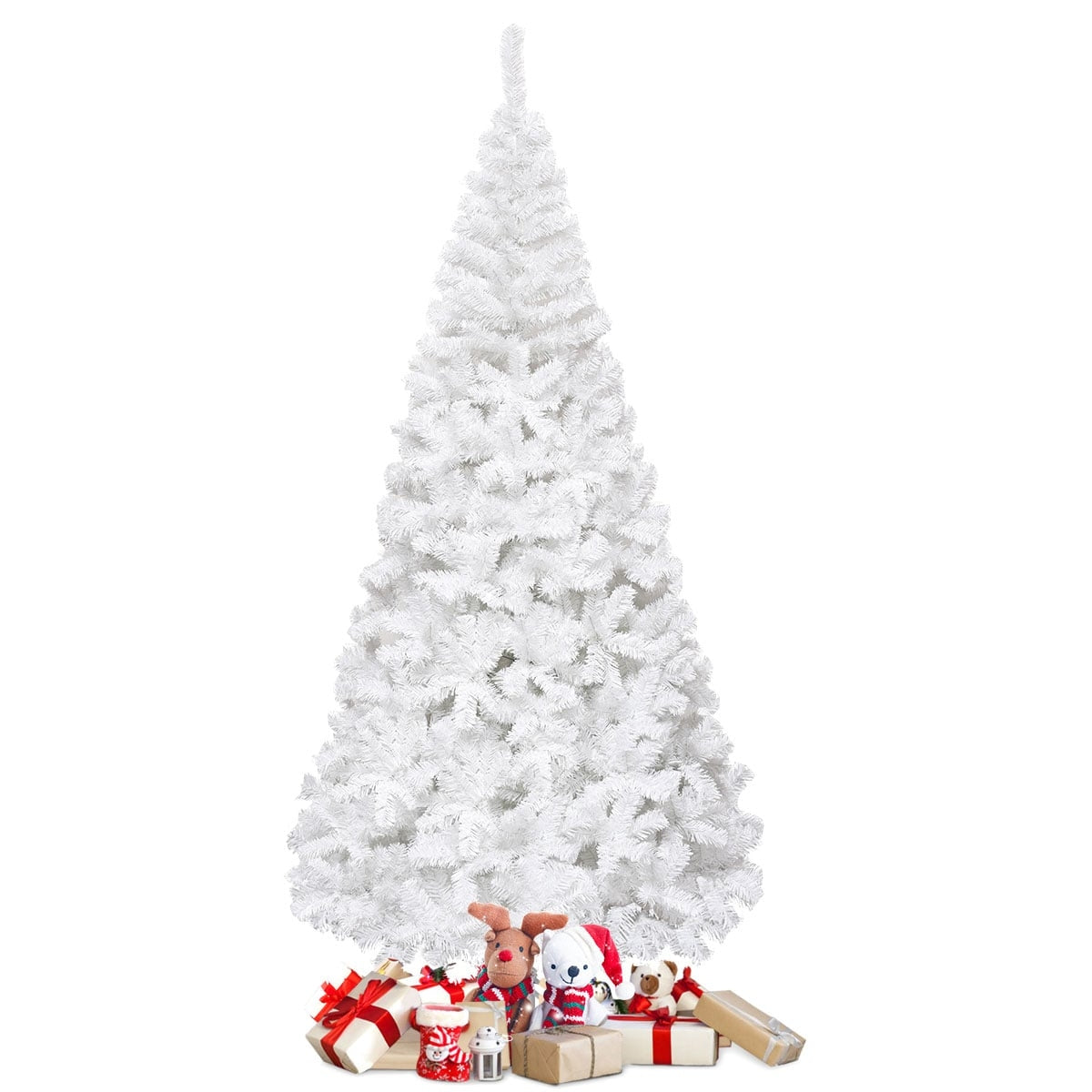 Een witte kerstboom met cadeaus en knuffels aan de voet.