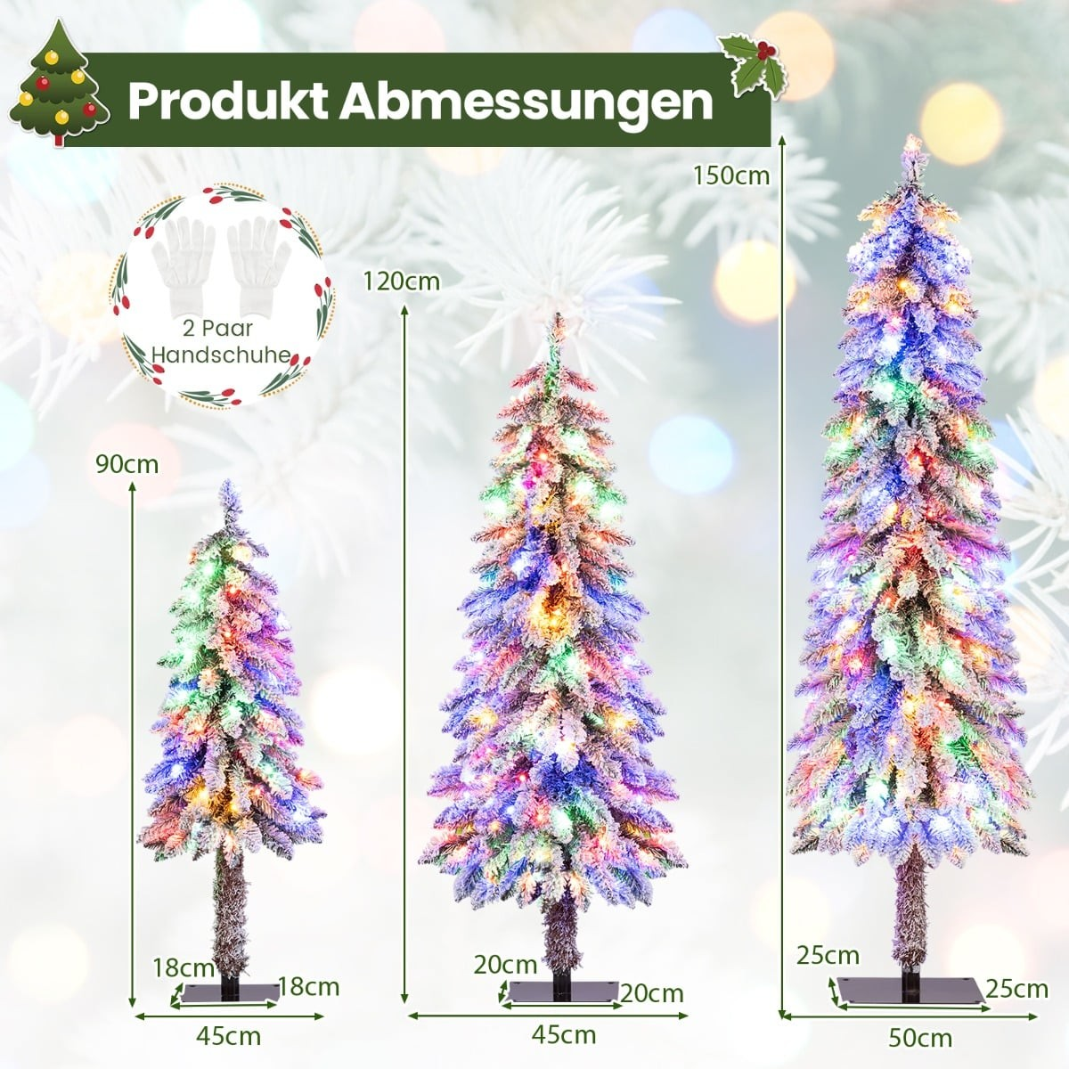 Drie verlichte kerstbomen met maataanduidingen: 90cm, 120cm, 150cm.