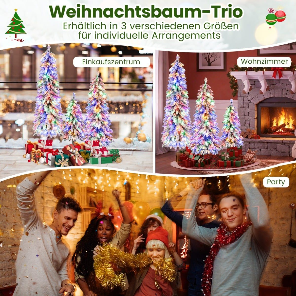 Drie verlichte kerstbomen van verschillende maten met cadeaus.