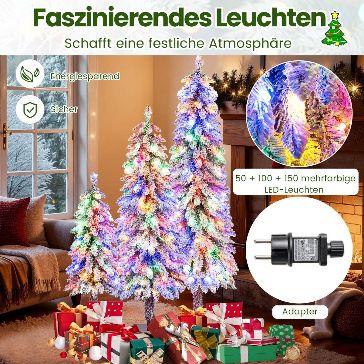 Drie feestelijke kerstbomen met kleurrijke LED's, cadeaus en een open haard.