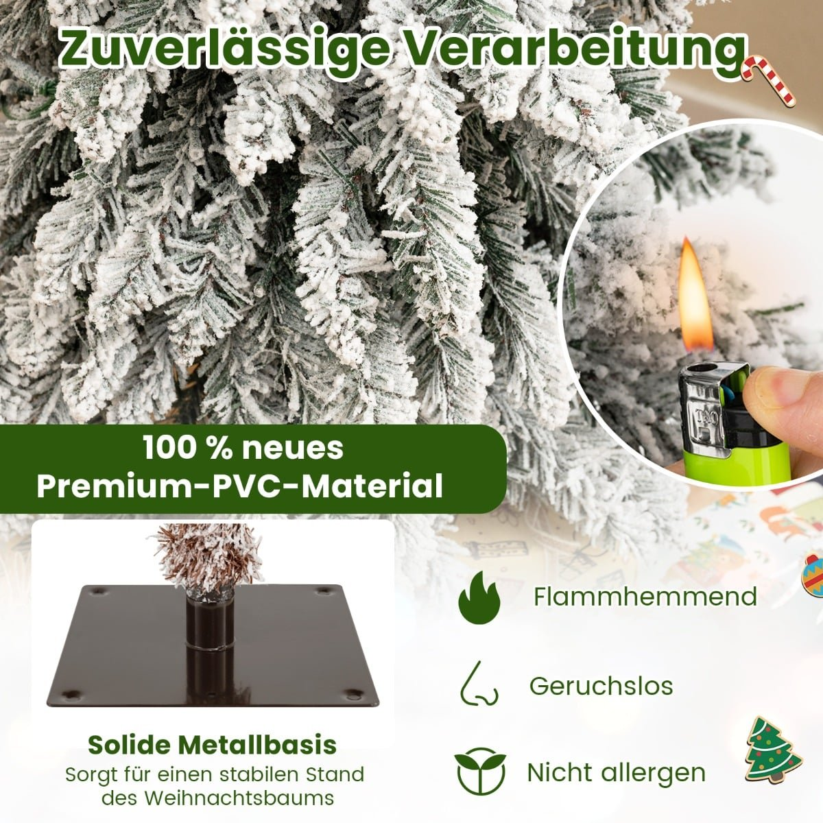Een kerstboom met "sneeuw" en tekst. Metalen voet, vlamvertragend, geurloos.