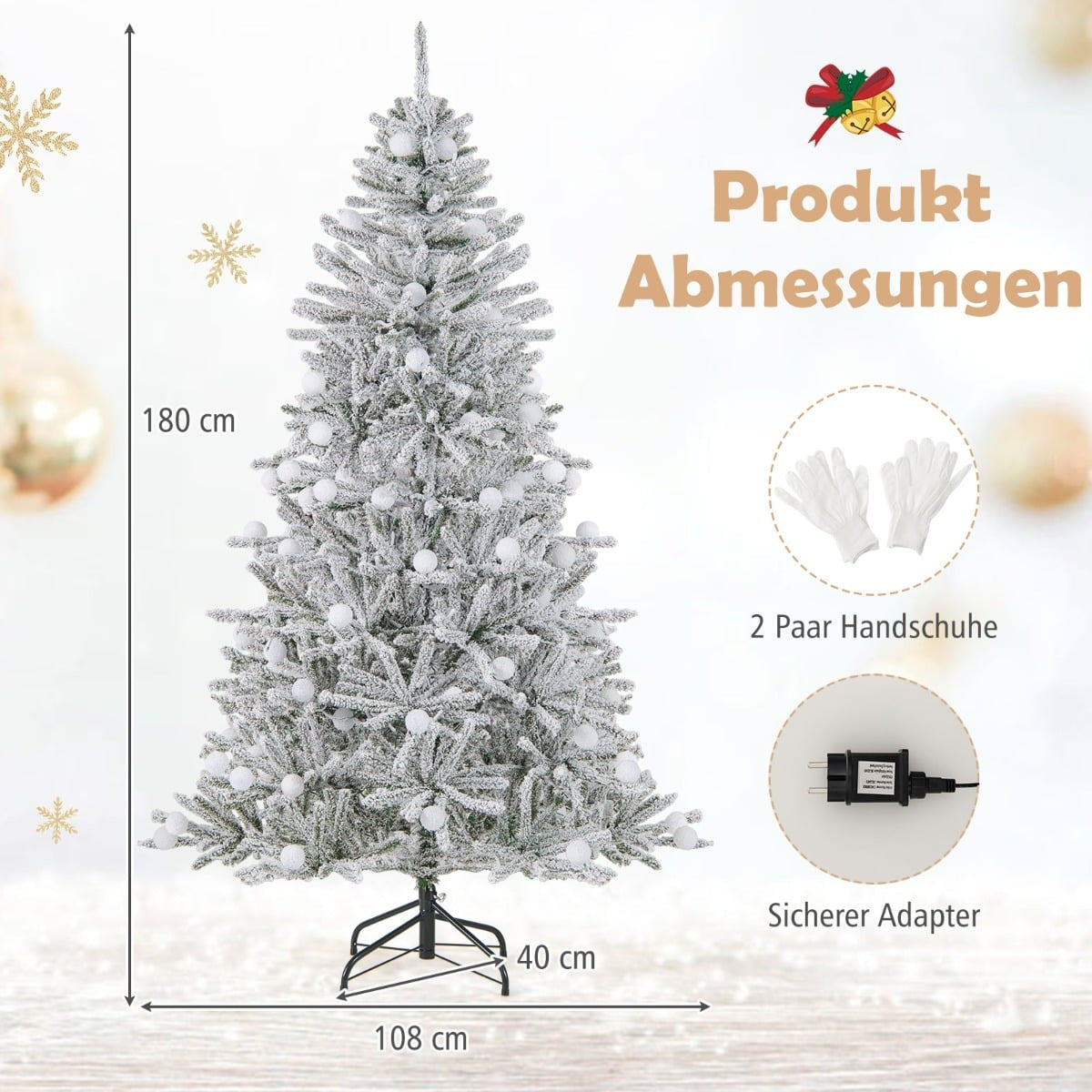 Een 180 cm hoge, besneeuwde kerstboom met witte ballen en lichtjes.
