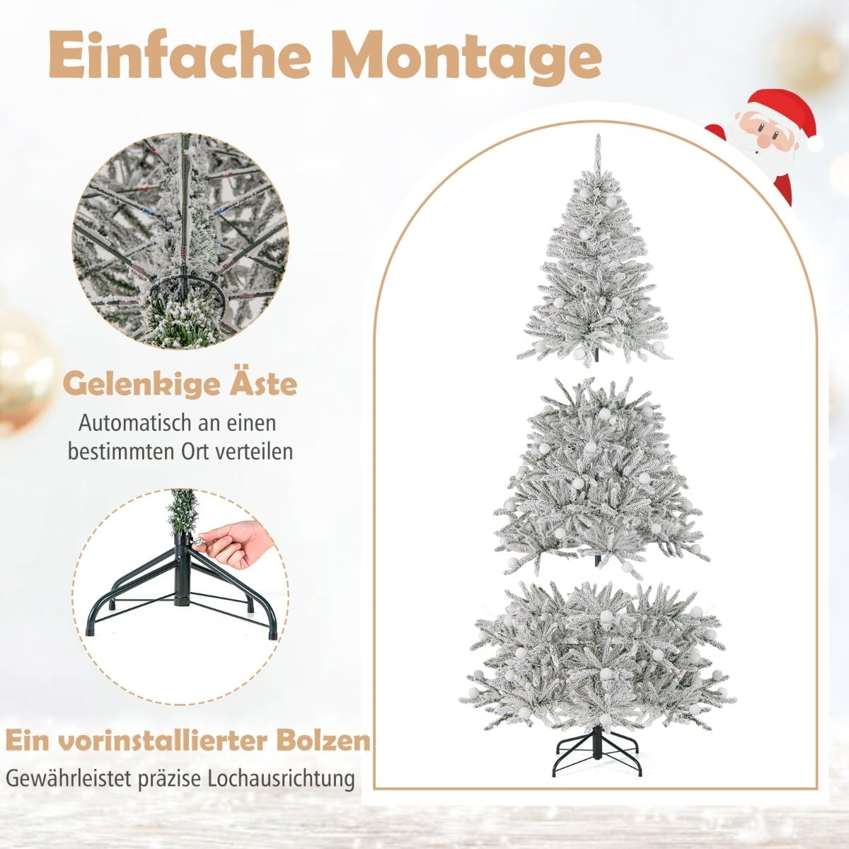 Eenvoudige montage van een besneeuwde kunstkerstboom met ballen.