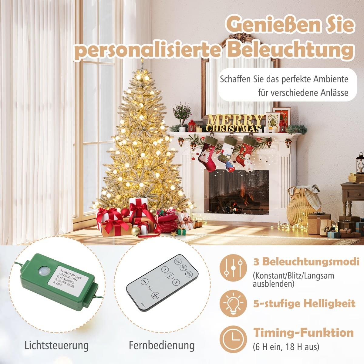 Een versierde kerstboom met lampjes staat naast een open haard. Onderop zijn een afstandsbediening en lichtregelaar te zien.