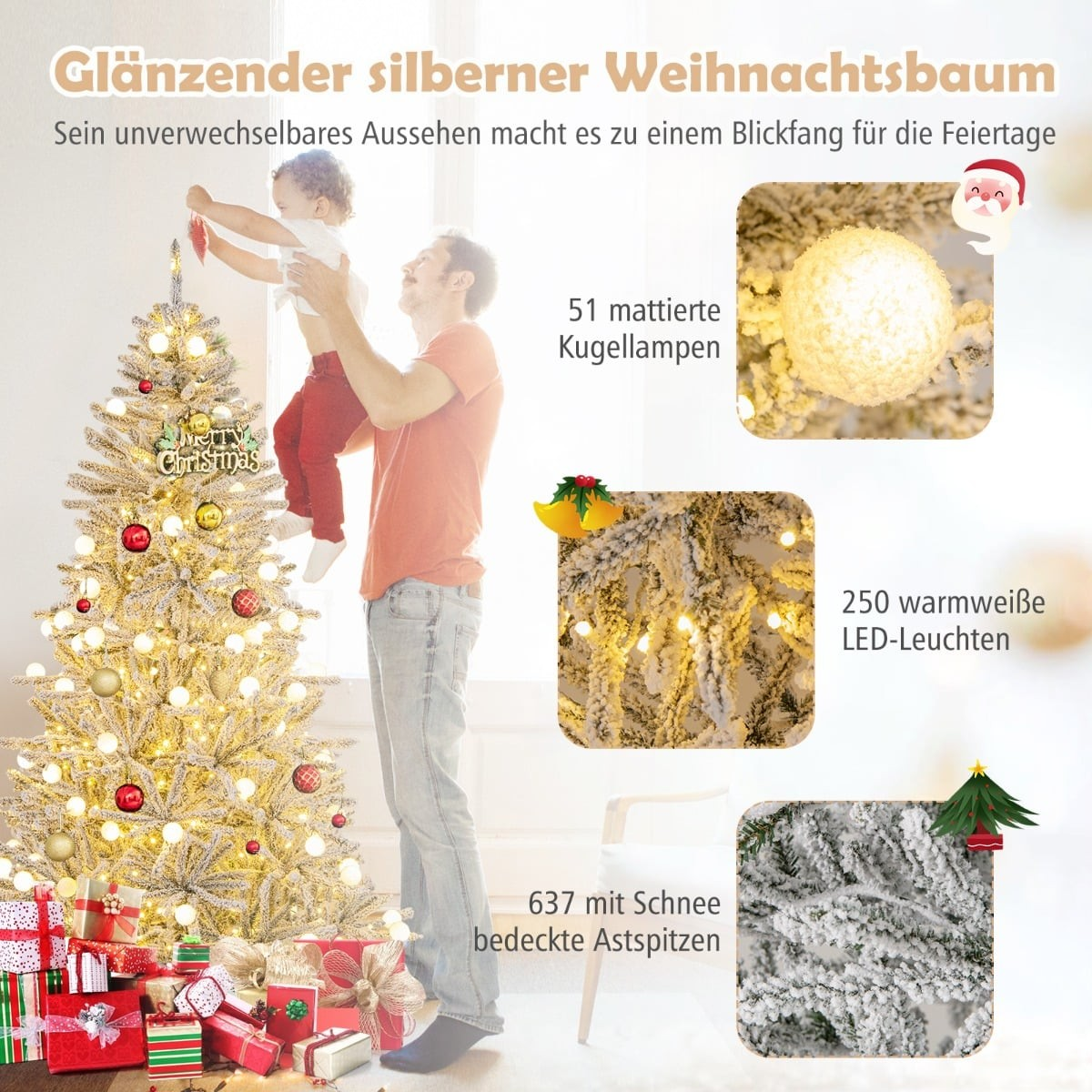 Man tilt kind voor zilveren boom met cadeaus. Details lampjes & takken getoond.