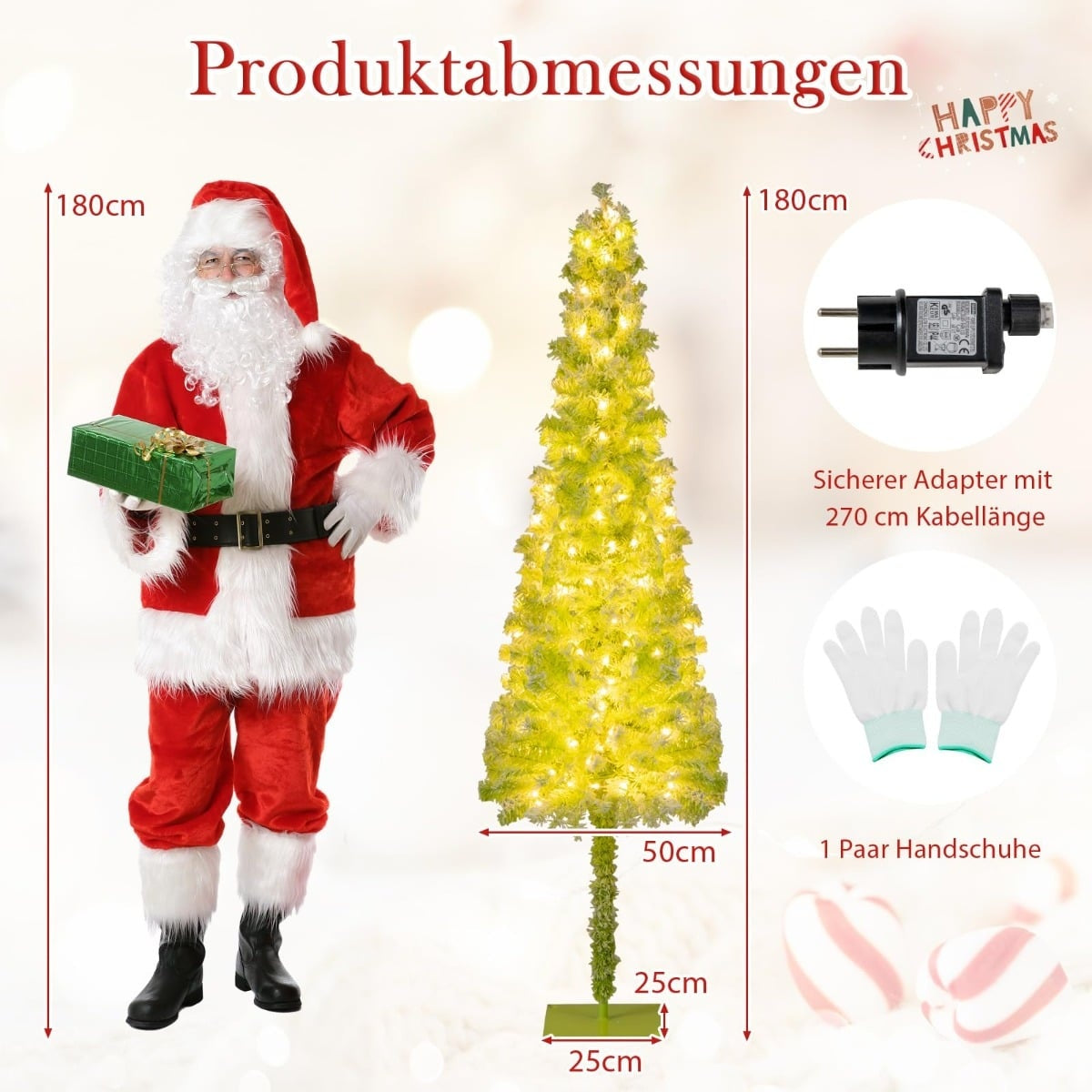 Kerstman en boom met afmetingen: 180cm hoog, 50cm breed. Adapter en handschoenen inbegrepen.