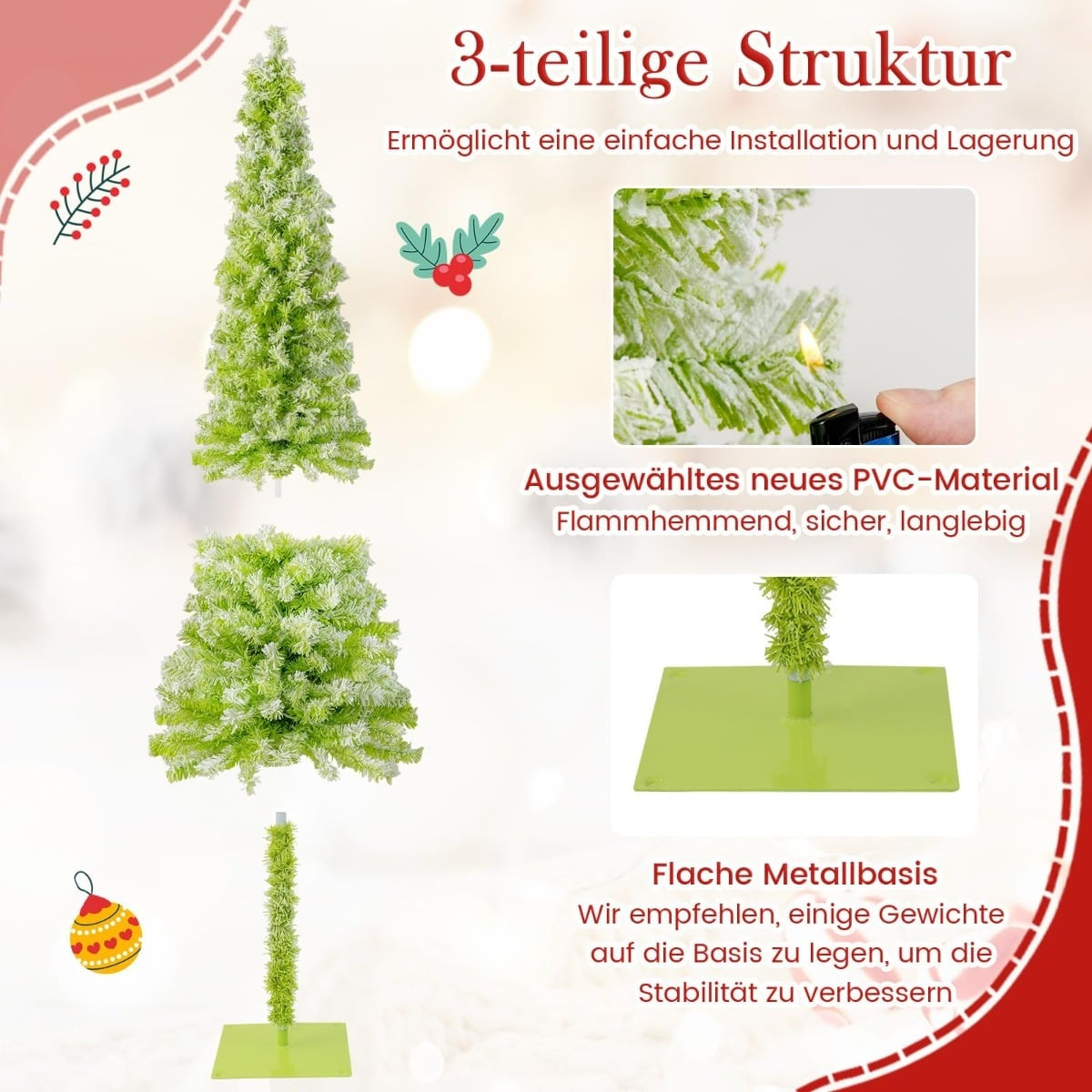 Een drieledige kunstkerstboom van groen PVC met witte sneeuw.