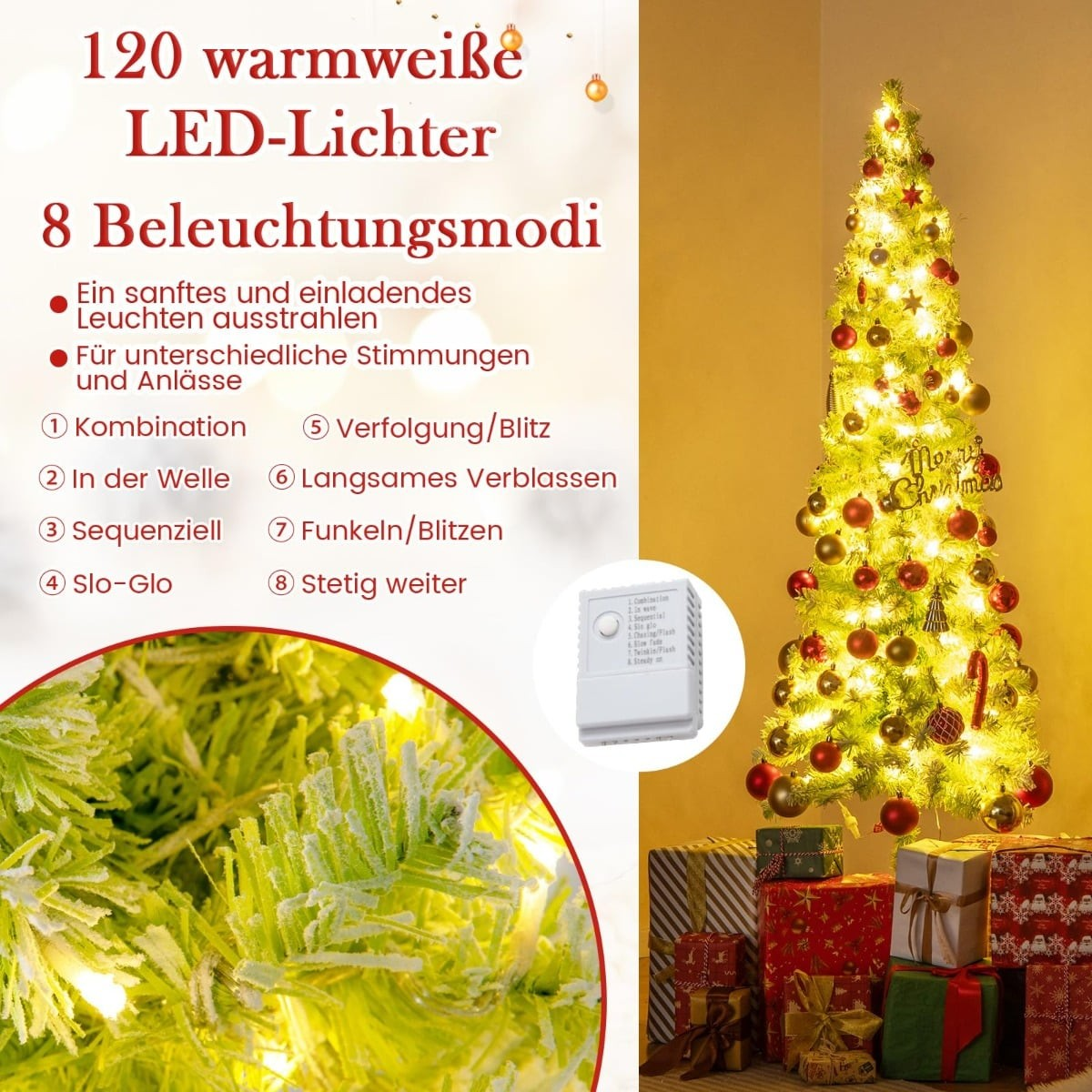 Kerstboom met 120 warmwitte LED's, 8 modi, cadeaus en afstandsbediening.