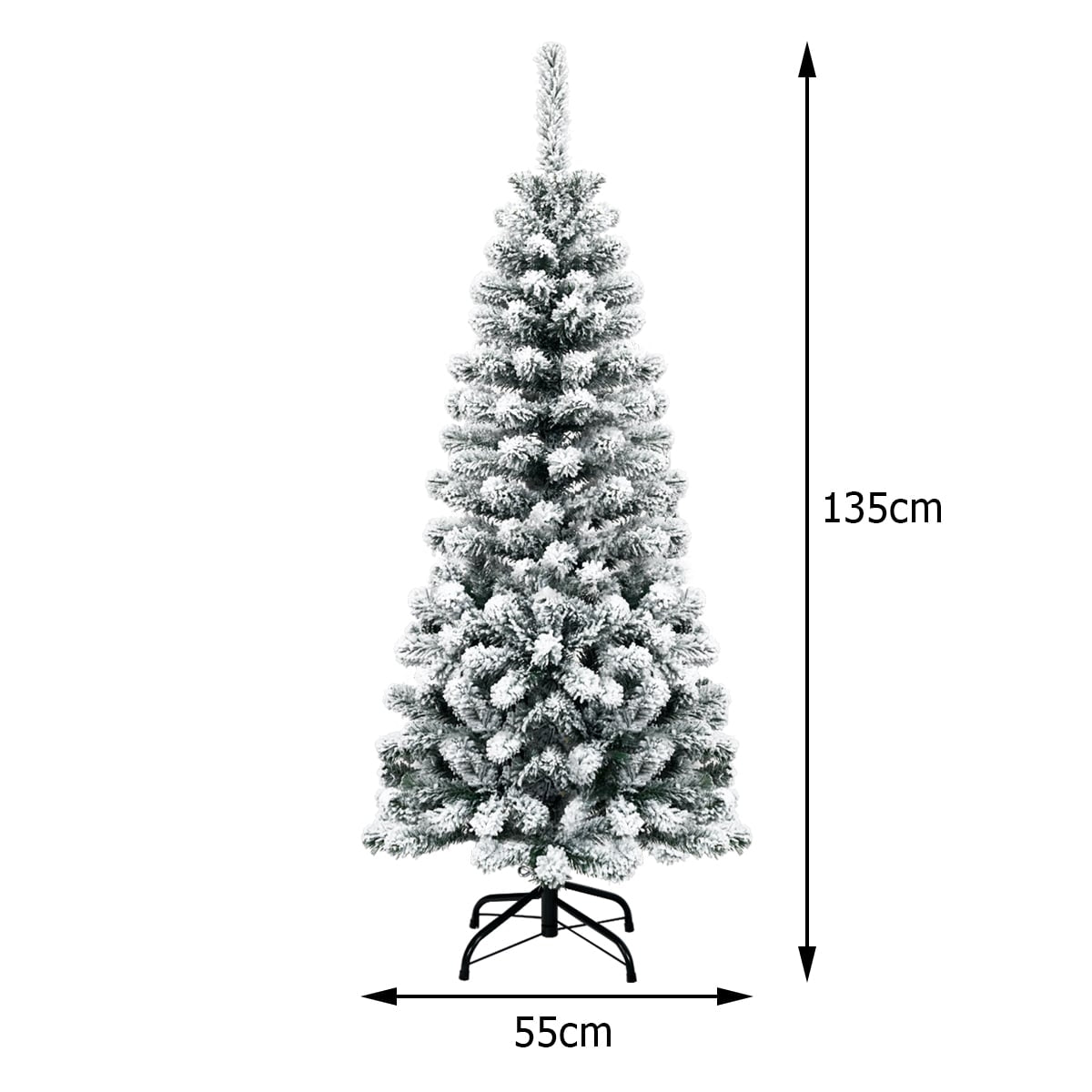Een 135cm hoge, besneeuwde kerstboom, 55cm breed, op een standaard.