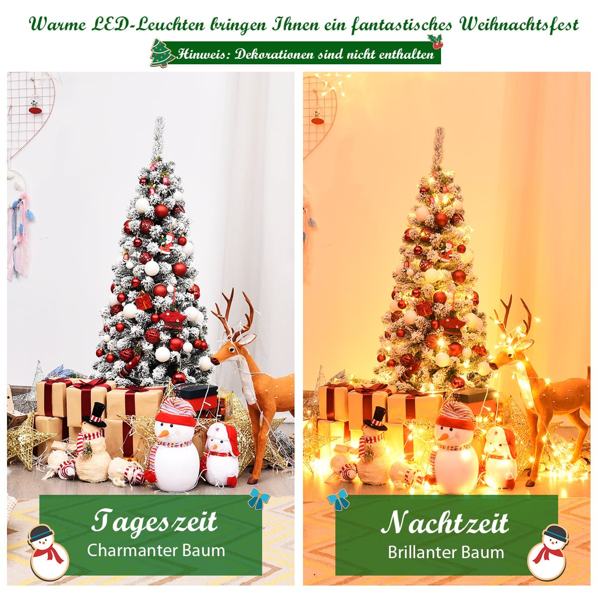 Twee versierde kerstbomen, één verlicht, met rendieren en sneeuwpoppen.