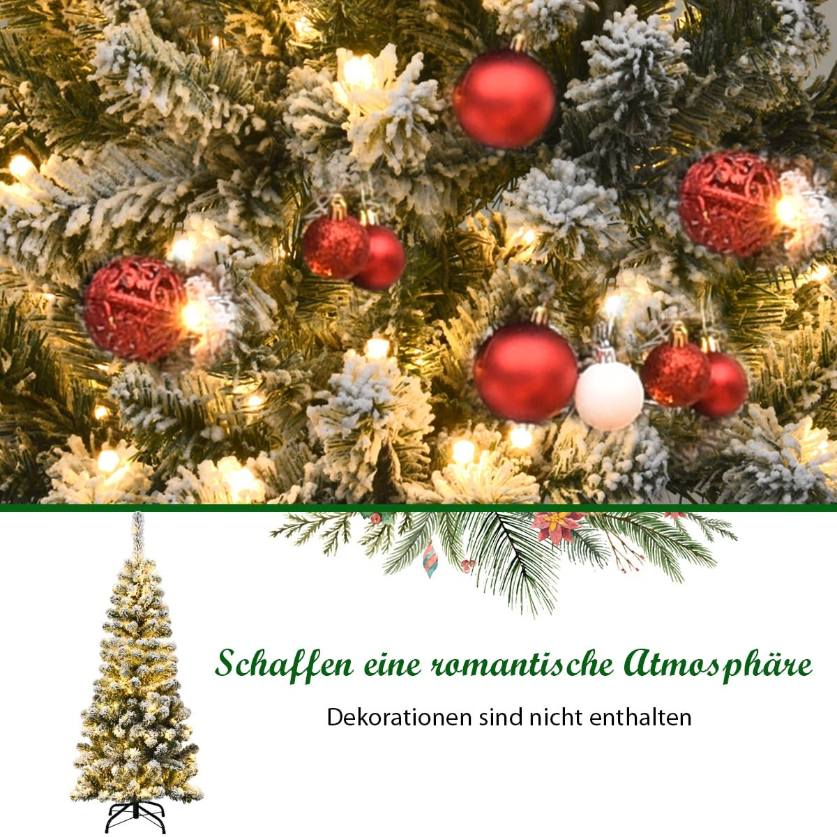 Een versierde kerstboom met rode ballen en lampjes.