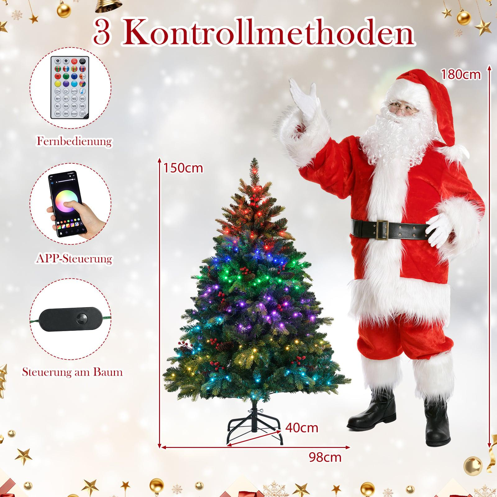 De Kerstman naast een verlichte kerstboom, met afstandsbedieningsopties.