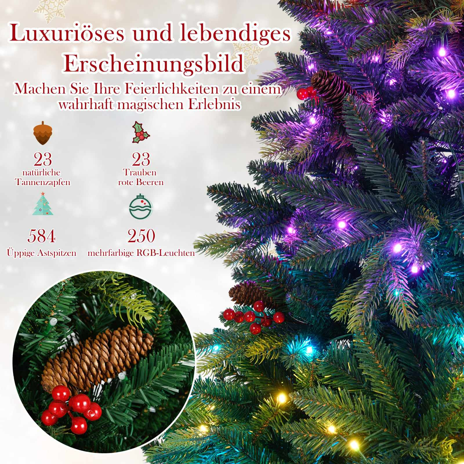 Een close-up van een kerstboom met dennenappels, rode bessen en kleurrijke lichten.