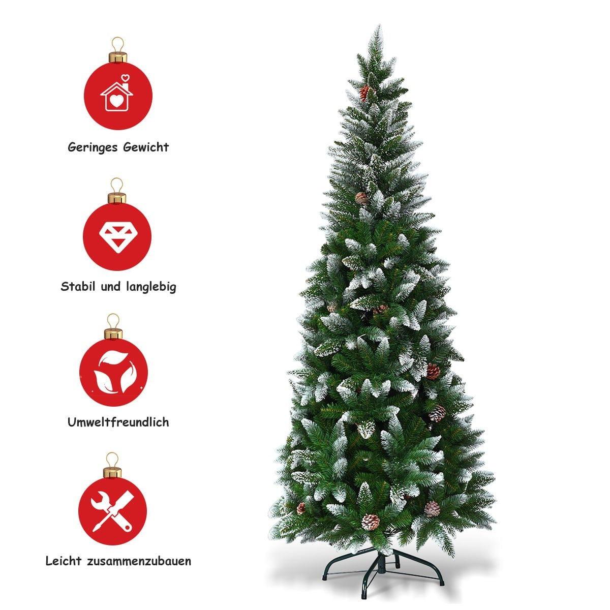 Een gedetailleerde kunstkerstboom met sneeuw en dennenappels, rechts.