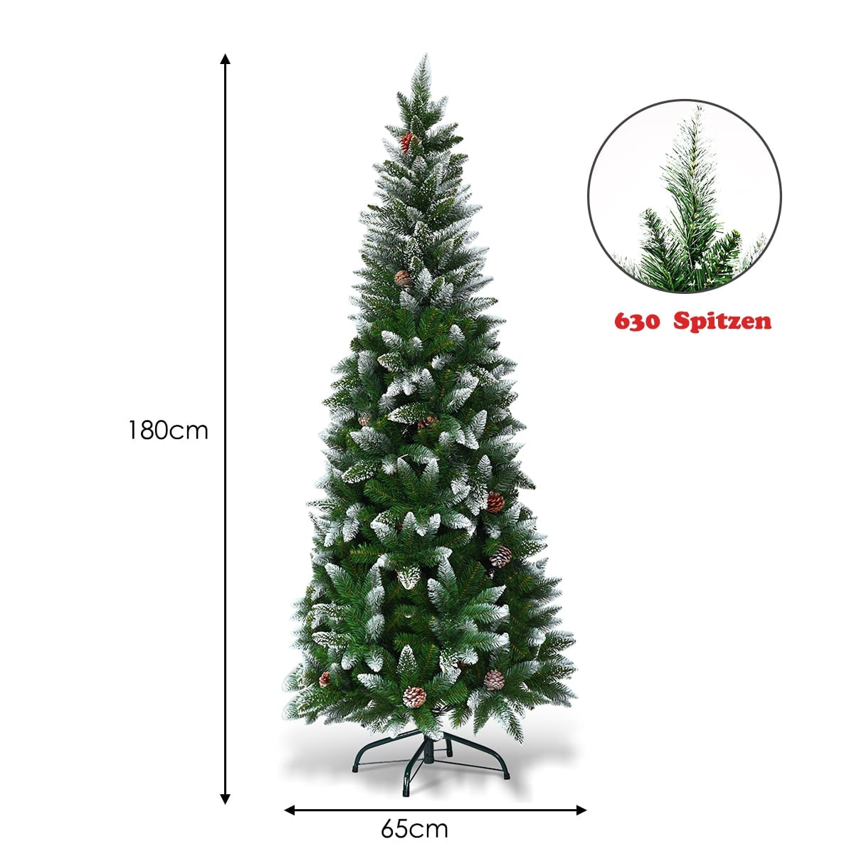 Een 180 cm hoge, groene kerstboom met 630 takken en dennenappels.