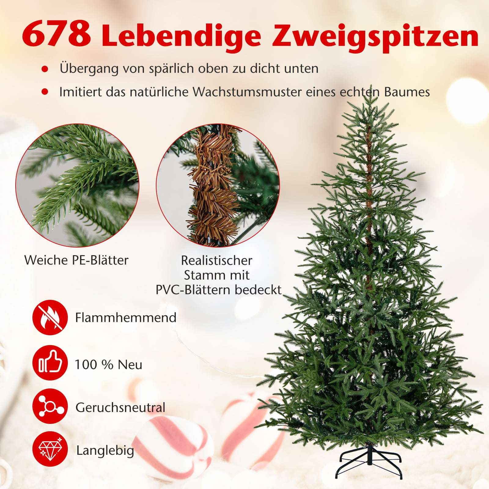 Kunstkerstboom met gedetailleerde takken en realistische voet.