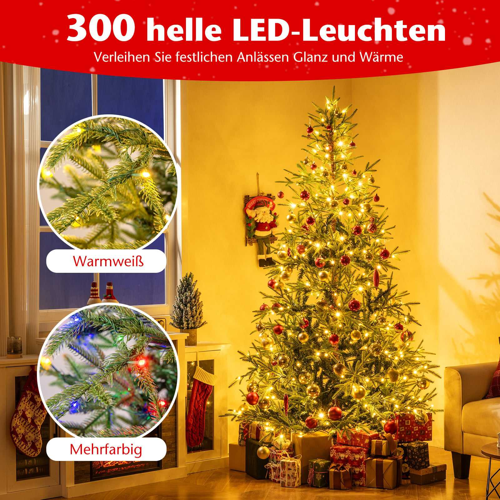 Een versierde kerstboom met lampjes en cadeaus. Close-ups tonen warm witte en veelkleurige lampjes.
