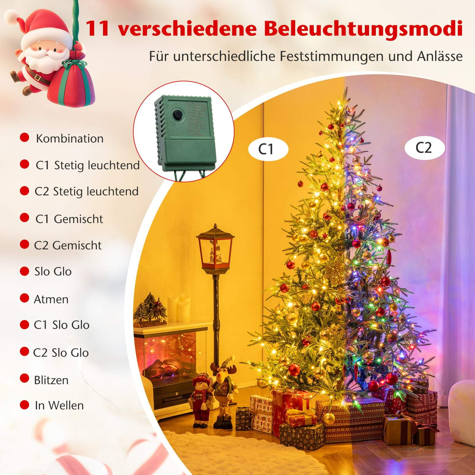 Kerstboom met 11 lichtmodi, Kerstman, controller en cadeaus.