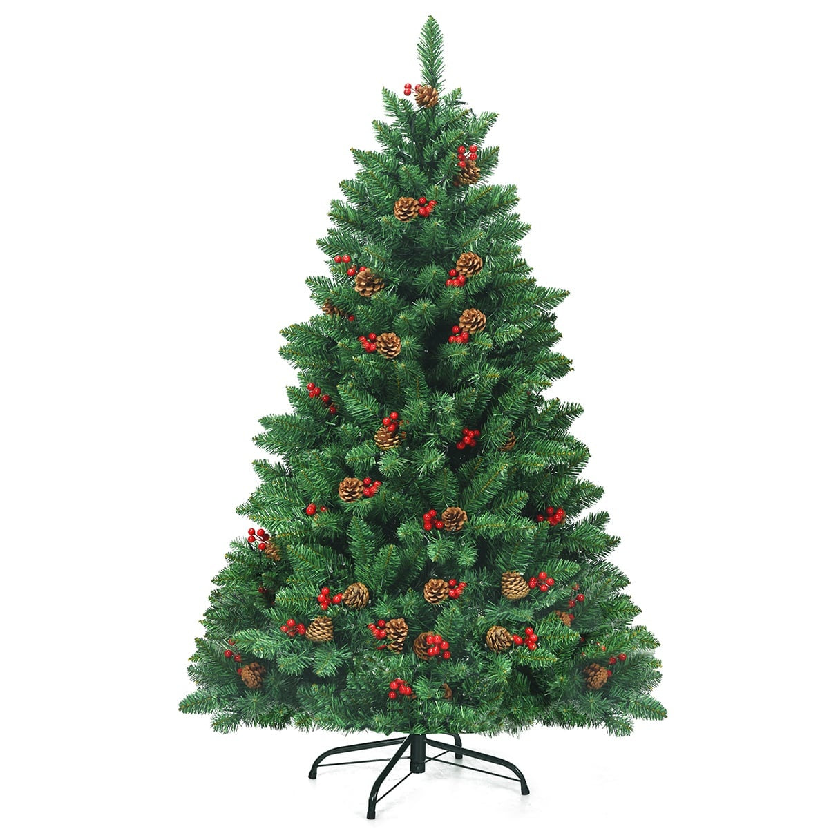 Een kunstmatige kerstboom versierd met dennenappels en rode bessen.