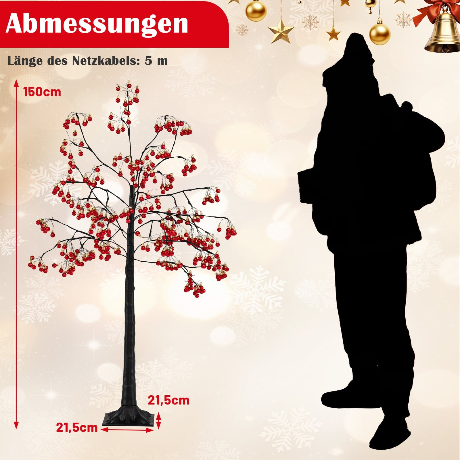 Een verlichte boom met rode bessen en een kerstman silhouet.