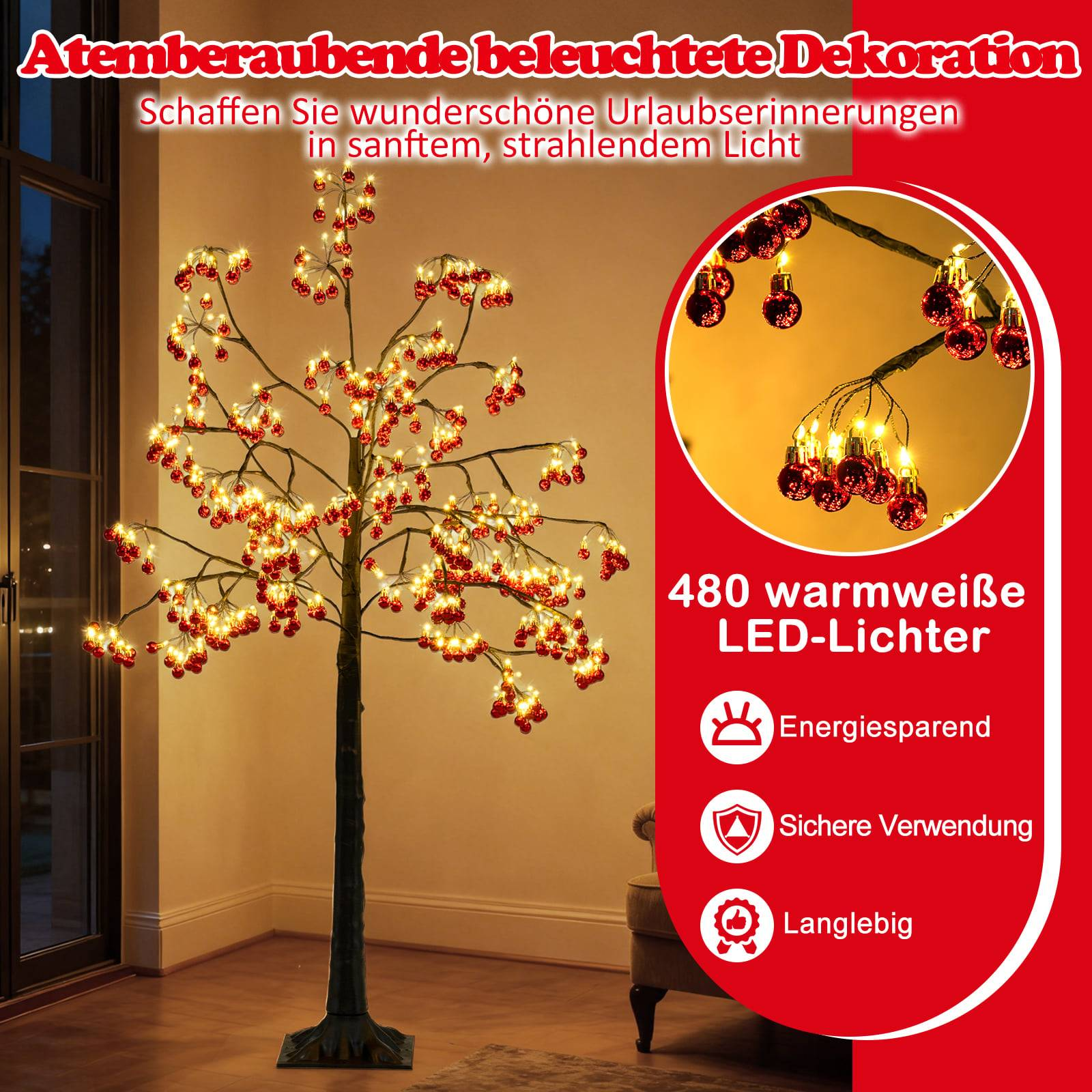 Een verlichte boom met rode kerstballen en warm witte lichten.