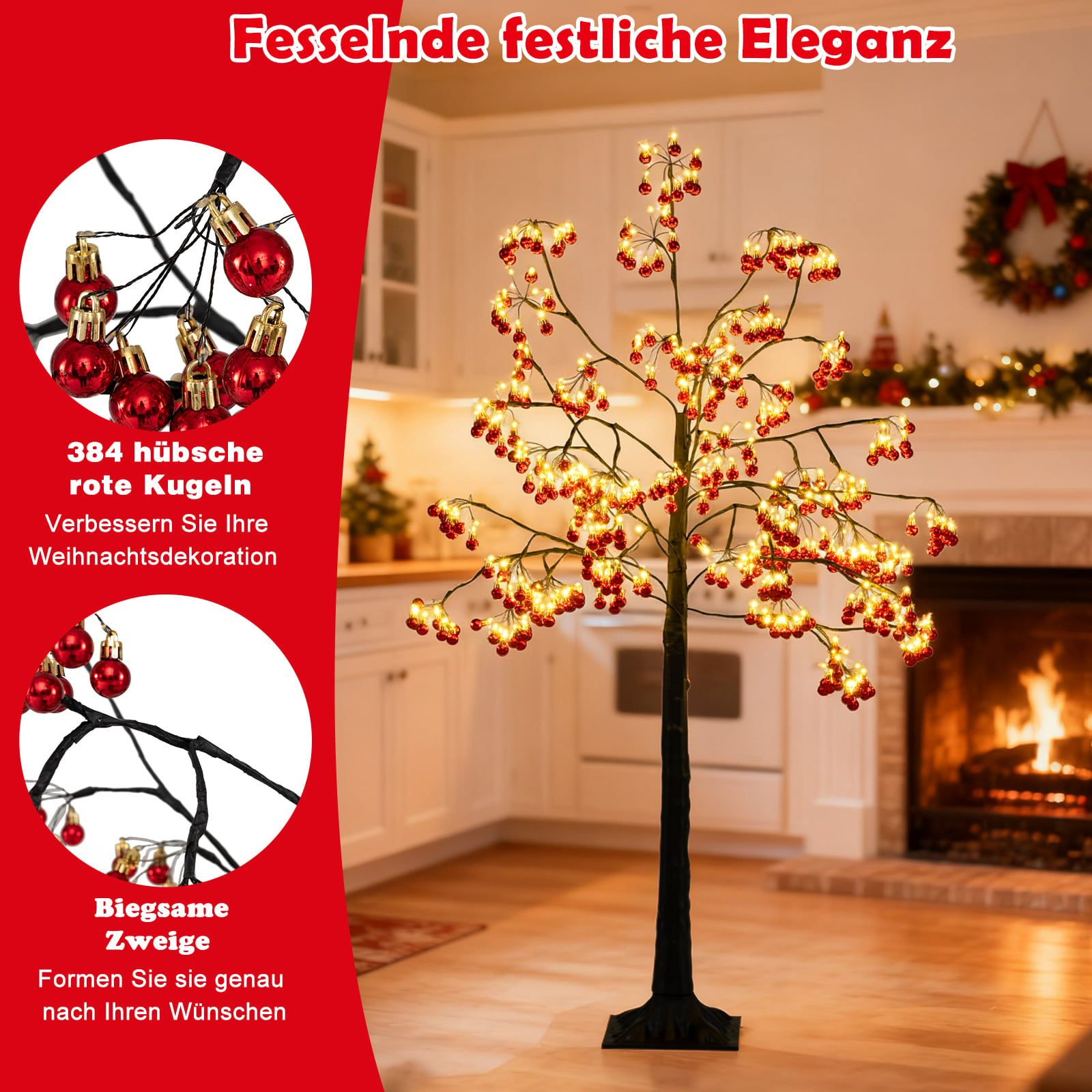 Een verlichte kerstboom met rode ballen en lampjes staat naast een open haard.
