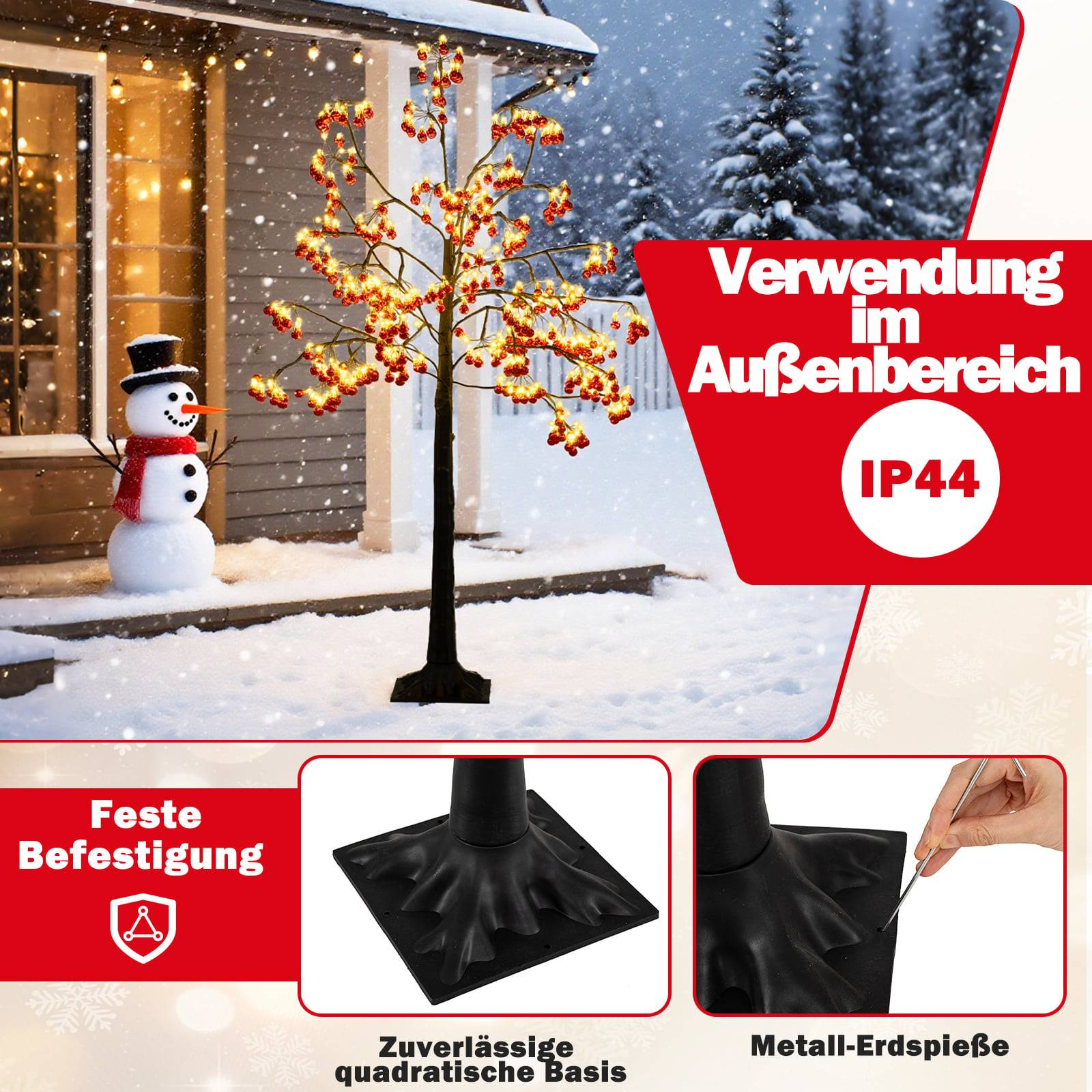 Een verlichte kerstboom met rode bessen staat in de sneeuw naast een sneeuwpop.